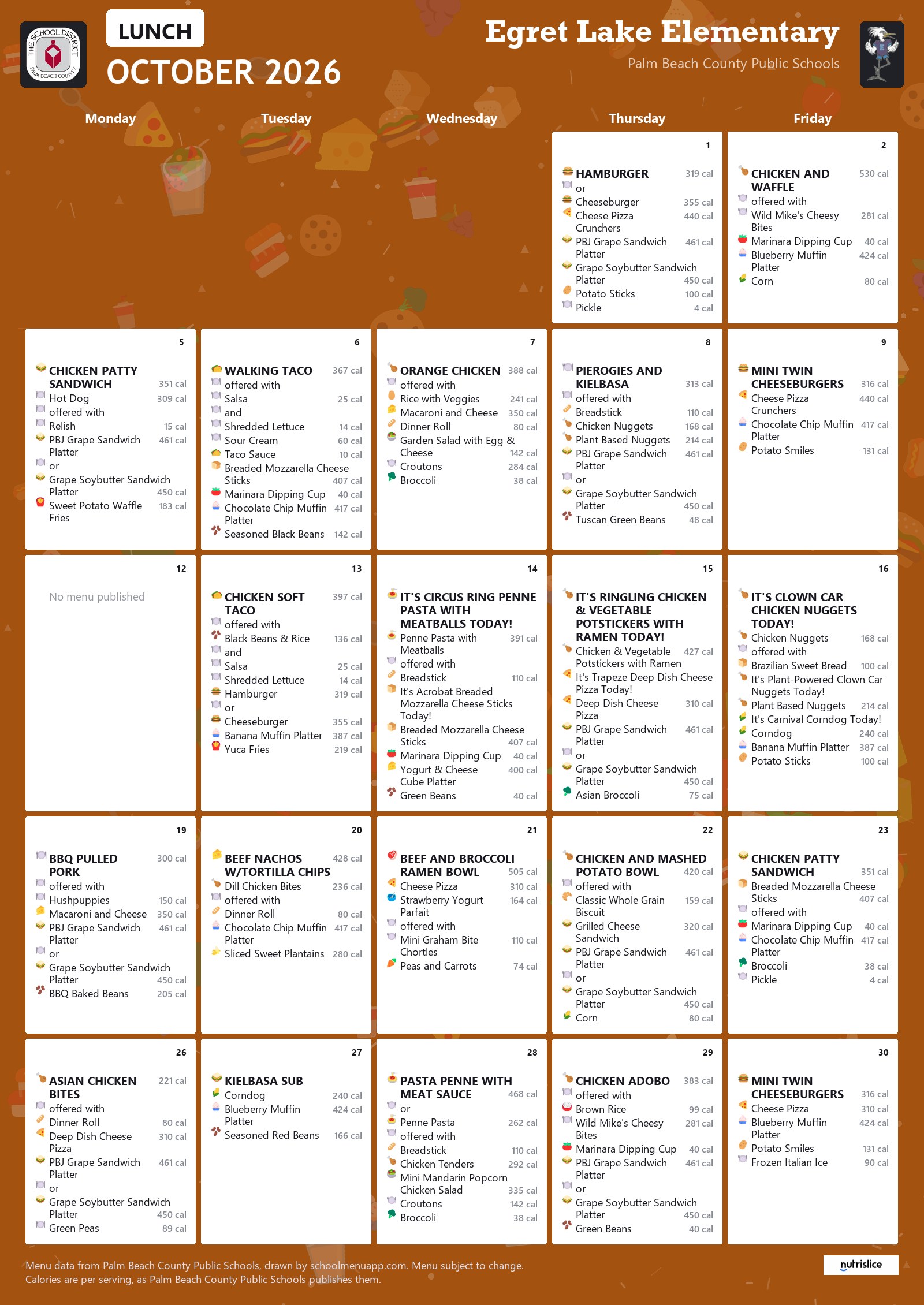 Egret Lake Elementary lunch menu for October 2026, Palm Beach County Public Schools