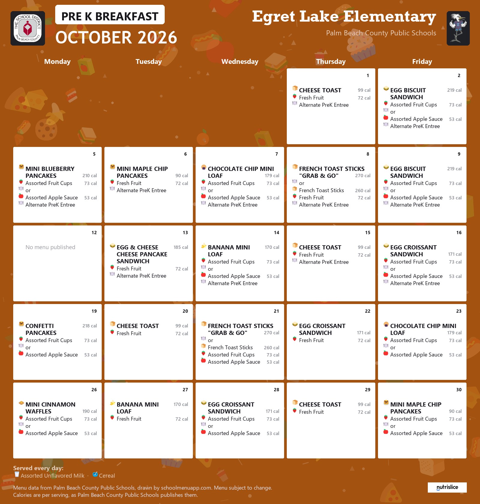Egret Lake Elementary pre k breakfast menu for October 2026, Palm Beach County Public Schools