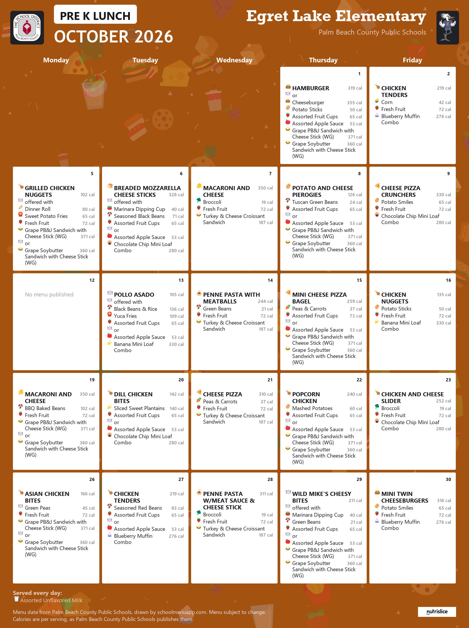 Egret Lake Elementary pre k lunch menu for October 2026, Palm Beach County Public Schools