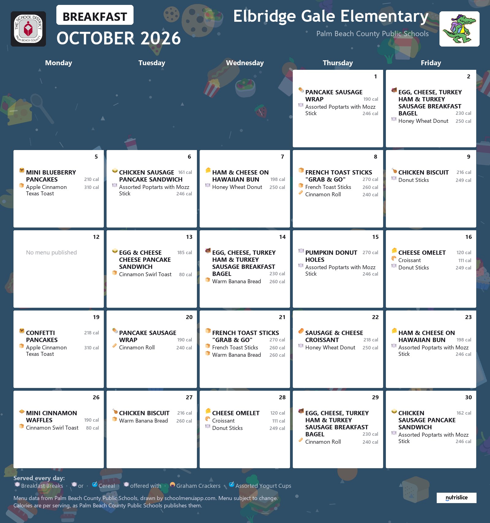 Elbridge Gale Elementary breakfast menu for October 2026, Palm Beach County Public Schools