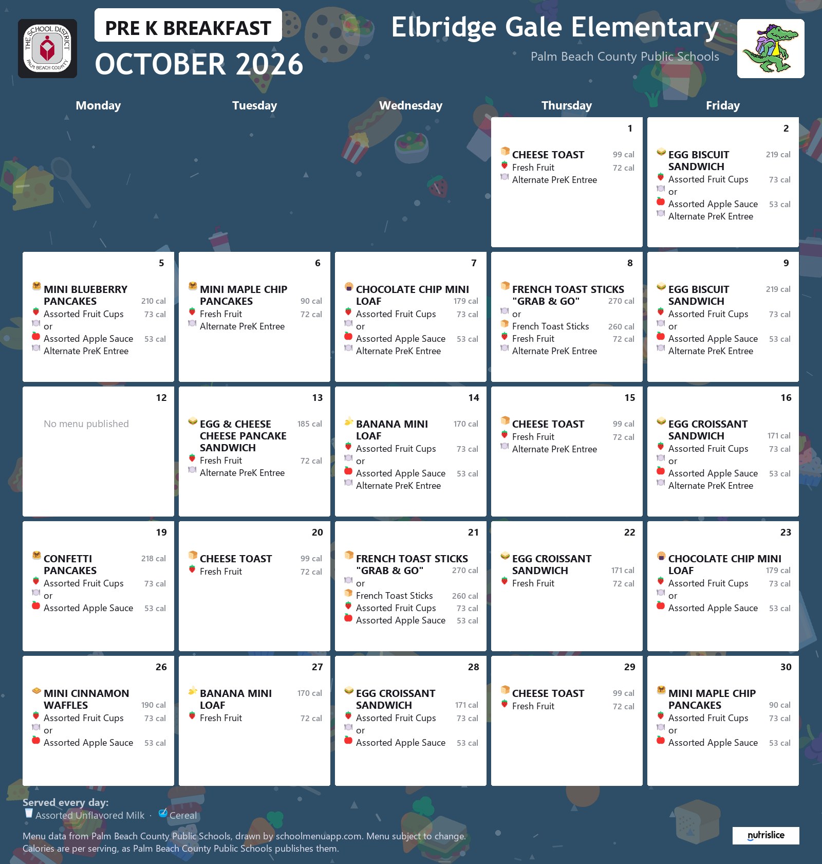 Elbridge Gale Elementary pre k breakfast menu for October 2026, Palm Beach County Public Schools