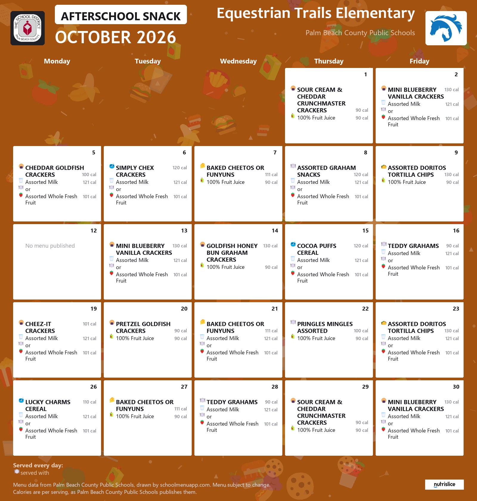 Equestrian Trails Elementary afterschool snack menu for October 2026, Palm Beach County Public Schools