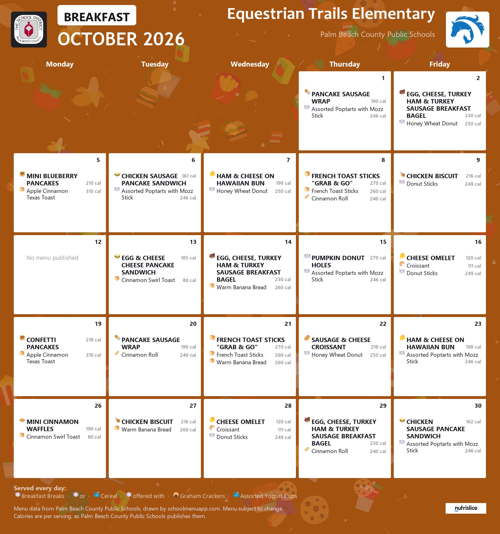 Equestrian Trails Elementary breakfast menu for October 2026, Palm Beach County Public Schools