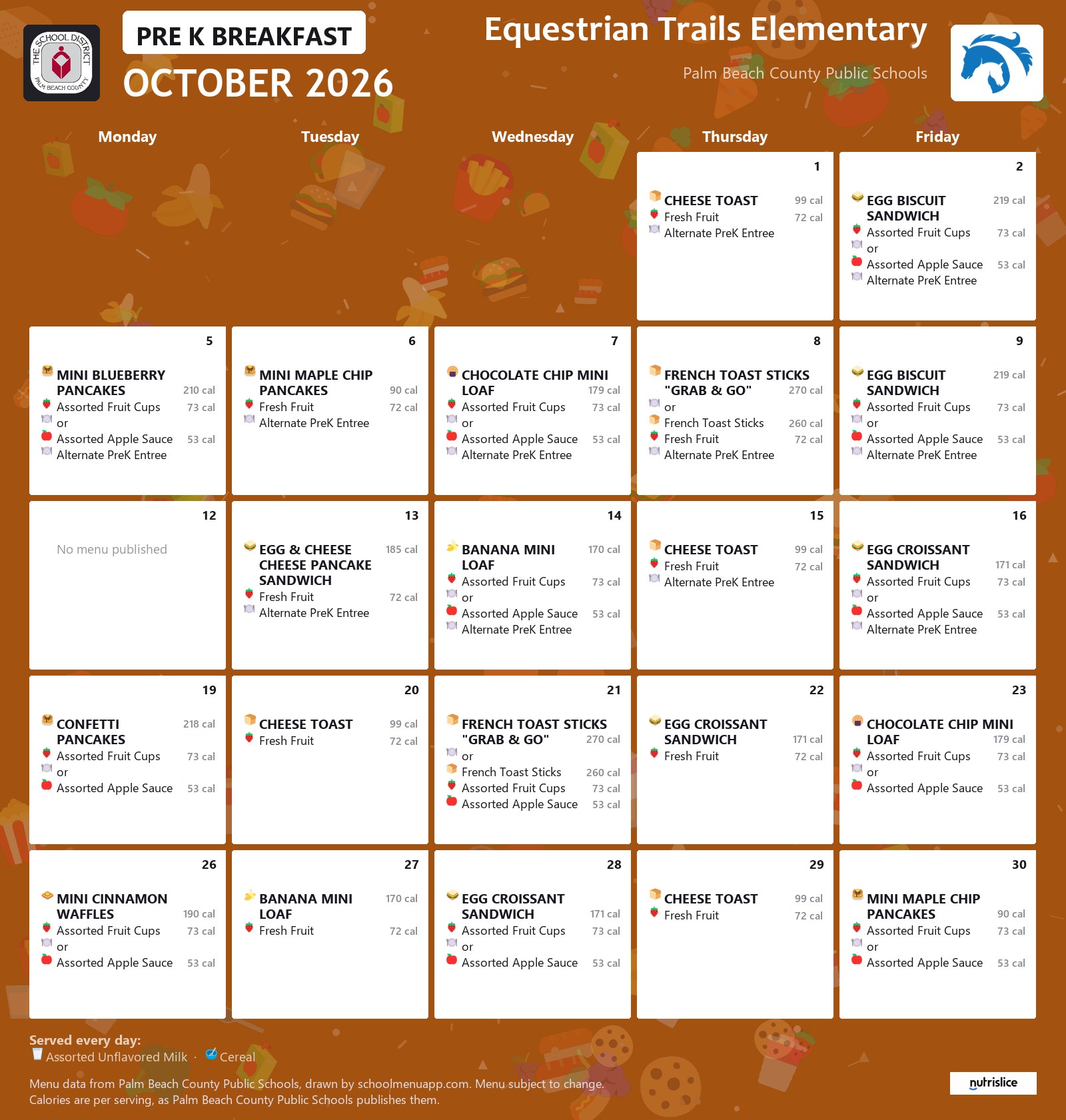 Equestrian Trails Elementary pre k breakfast menu for October 2026, Palm Beach County Public Schools