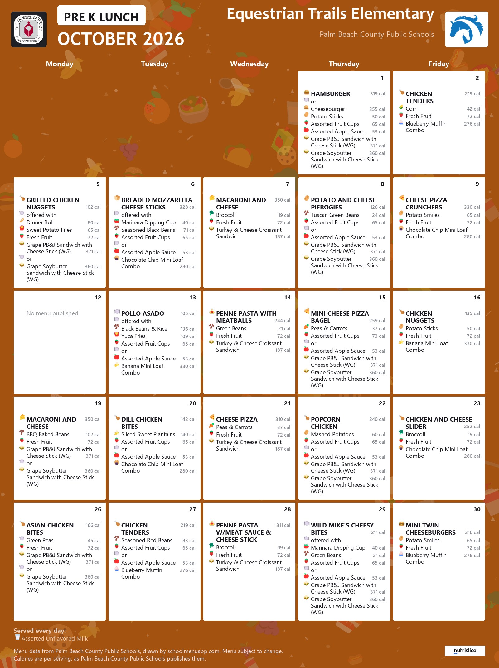Equestrian Trails Elementary pre k lunch menu for October 2026, Palm Beach County Public Schools