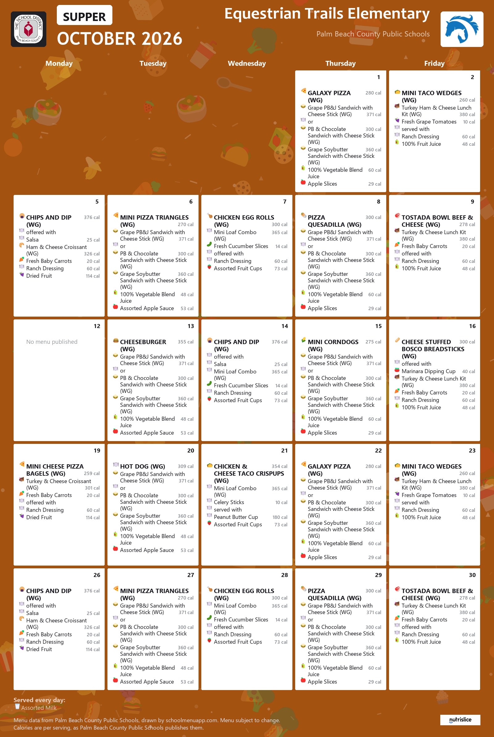 Equestrian Trails Elementary supper menu for October 2026, Palm Beach County Public Schools
