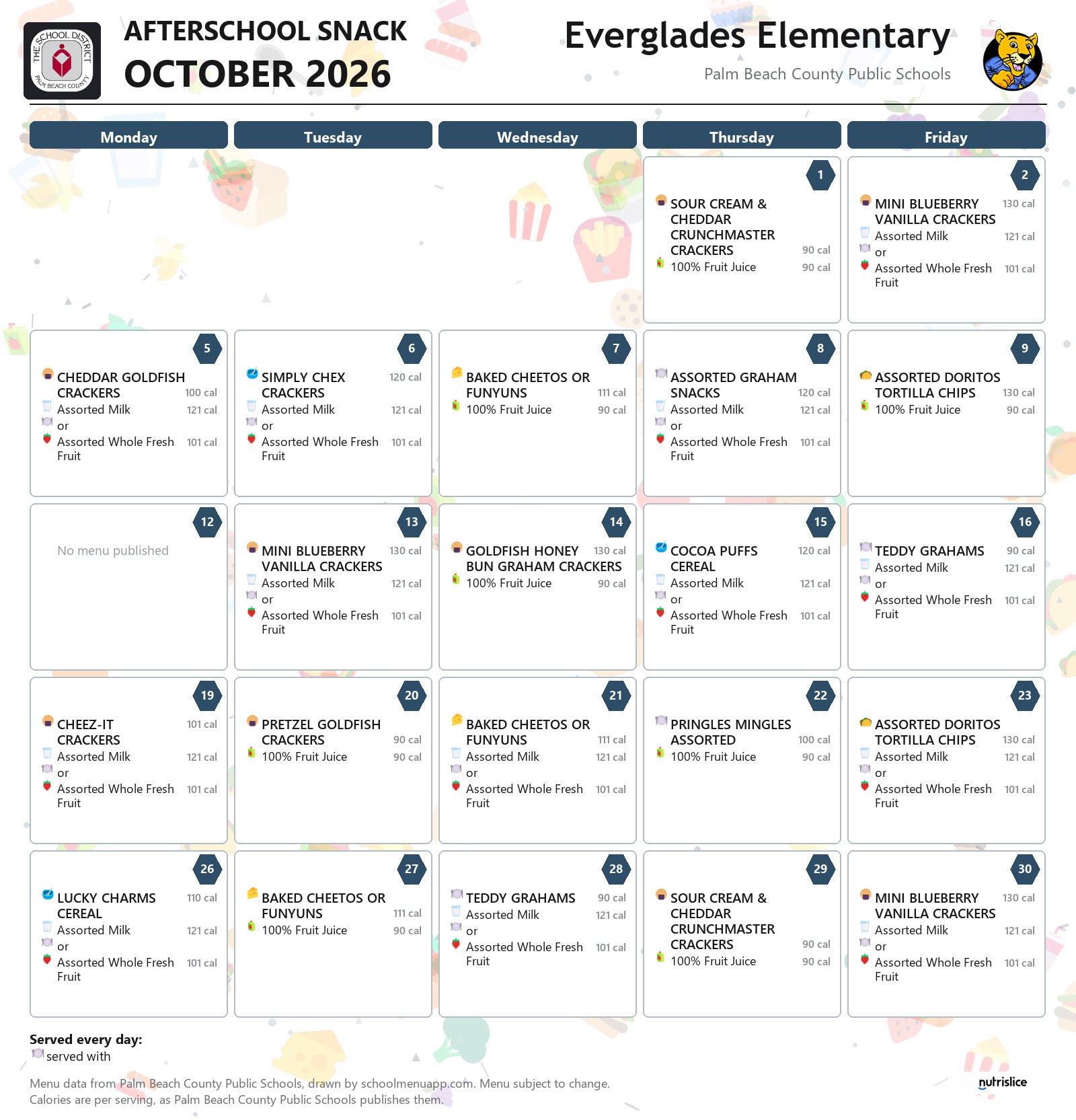 Everglades Elementary afterschool snack menu for October 2026, Palm Beach County Public Schools