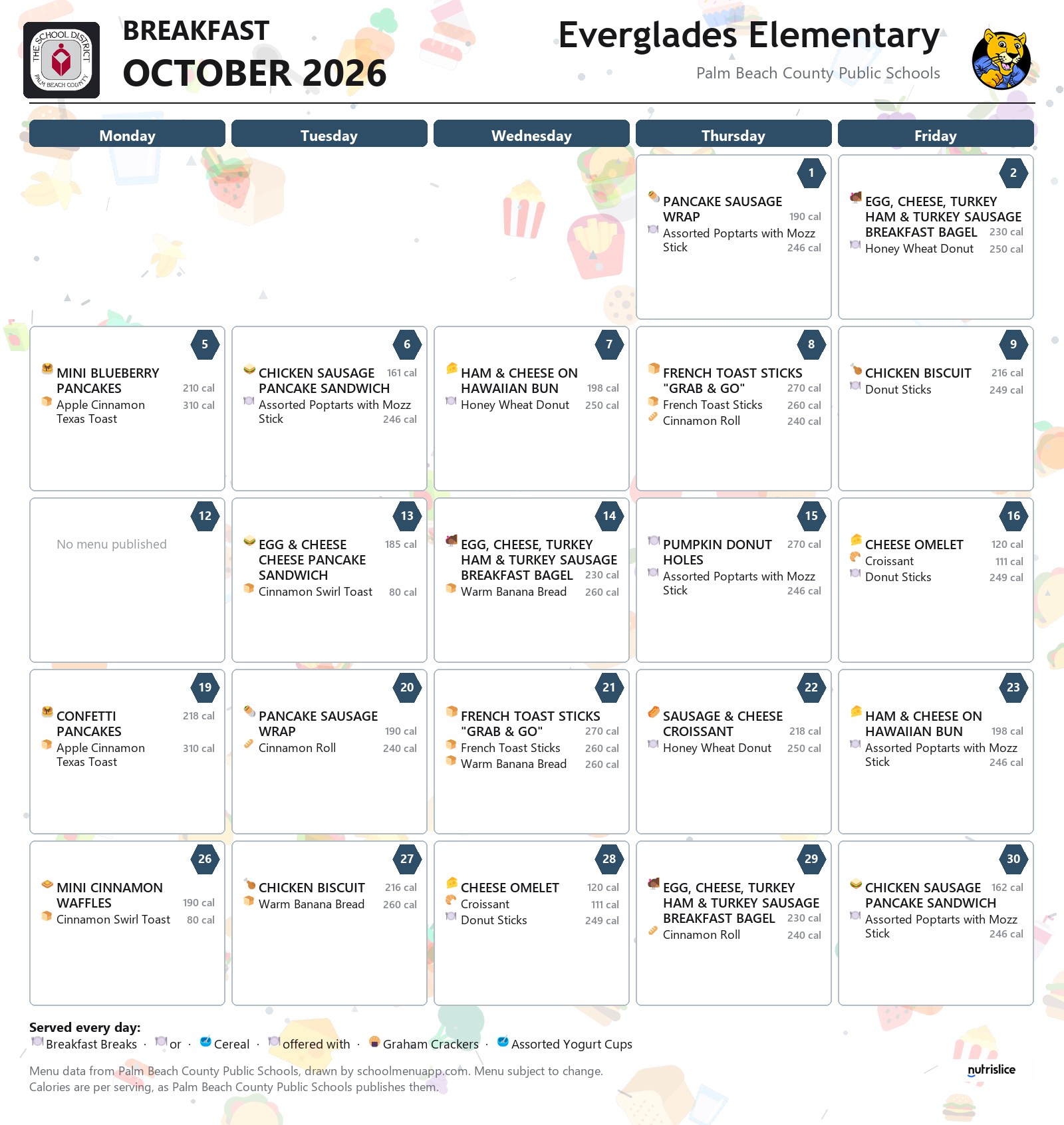 Everglades Elementary breakfast menu for October 2026, Palm Beach County Public Schools