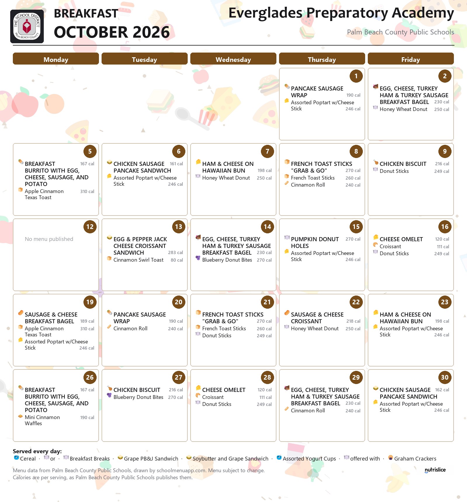 Everglades Preparatory Academy breakfast menu for October 2026, Palm Beach County Public Schools
