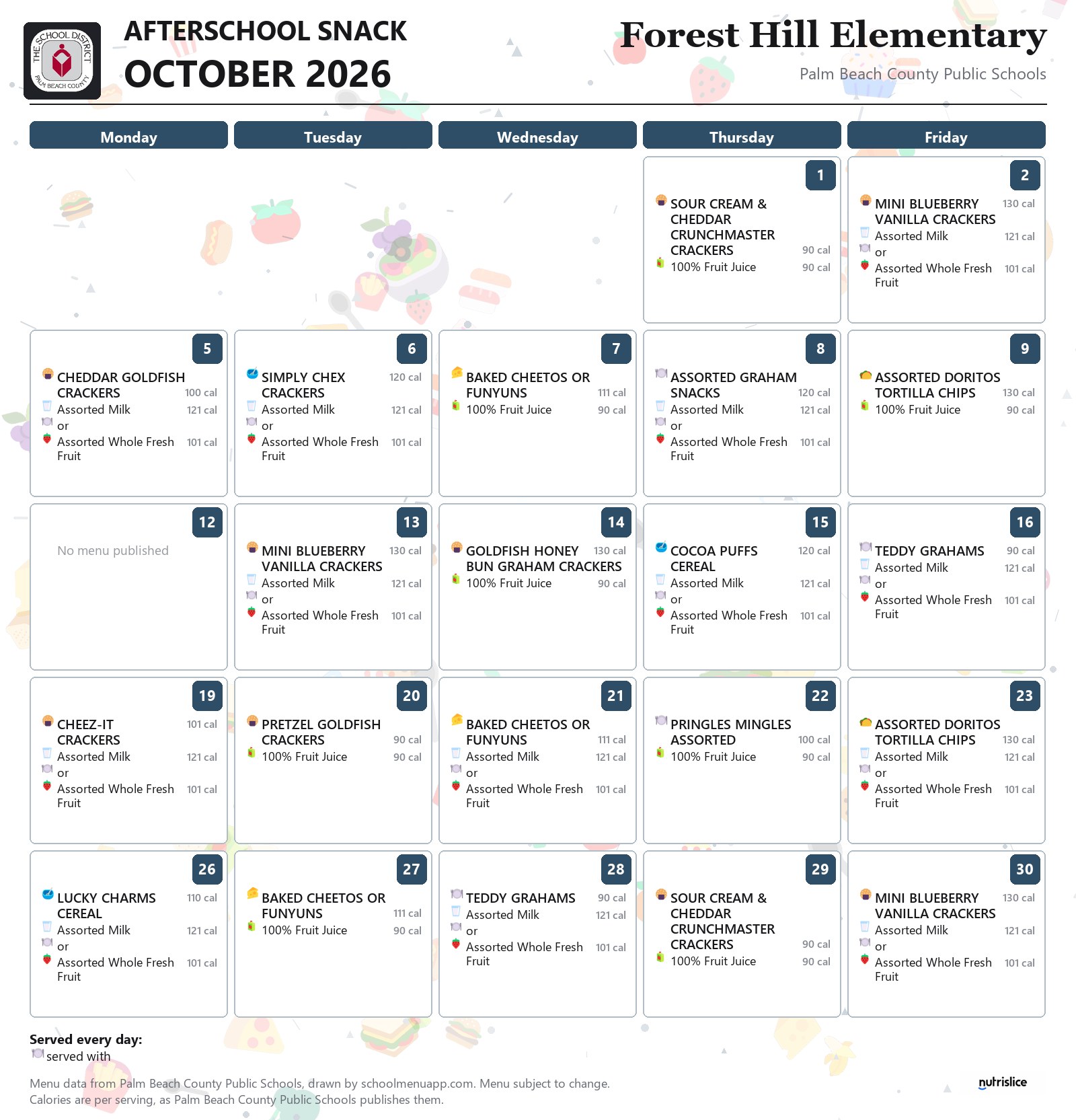 Forest Hill Elementary afterschool snack menu for October 2026, Palm Beach County Public Schools