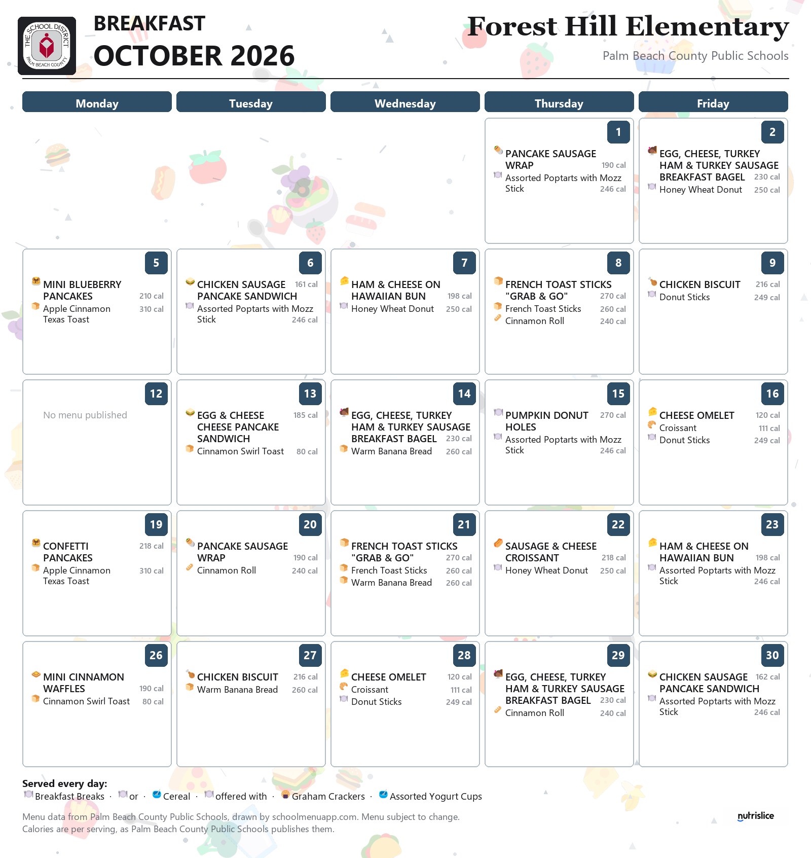 Forest Hill Elementary breakfast menu for October 2026, Palm Beach County Public Schools