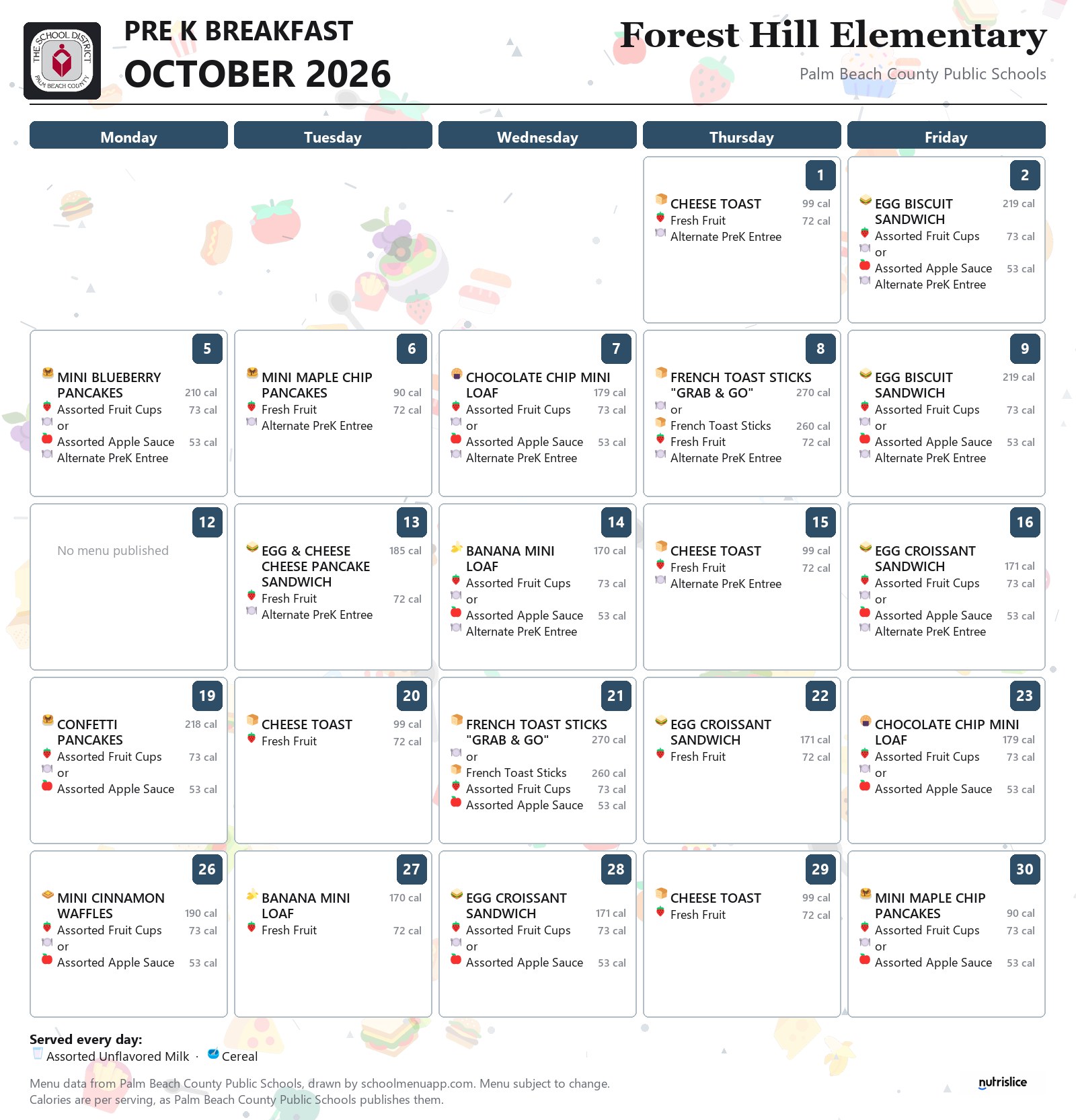 Forest Hill Elementary pre k breakfast menu for October 2026, Palm Beach County Public Schools