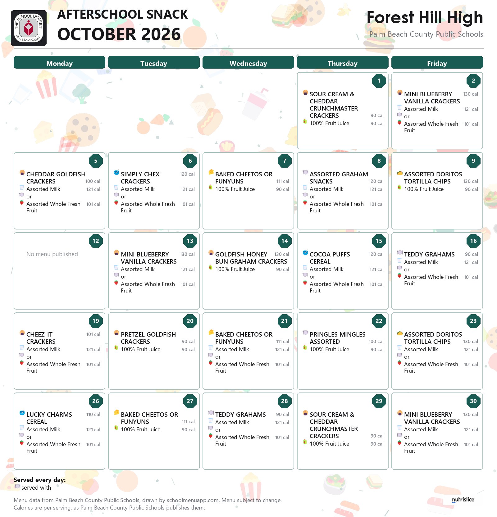 Forest Hill High afterschool snack menu for October 2026, Palm Beach County Public Schools