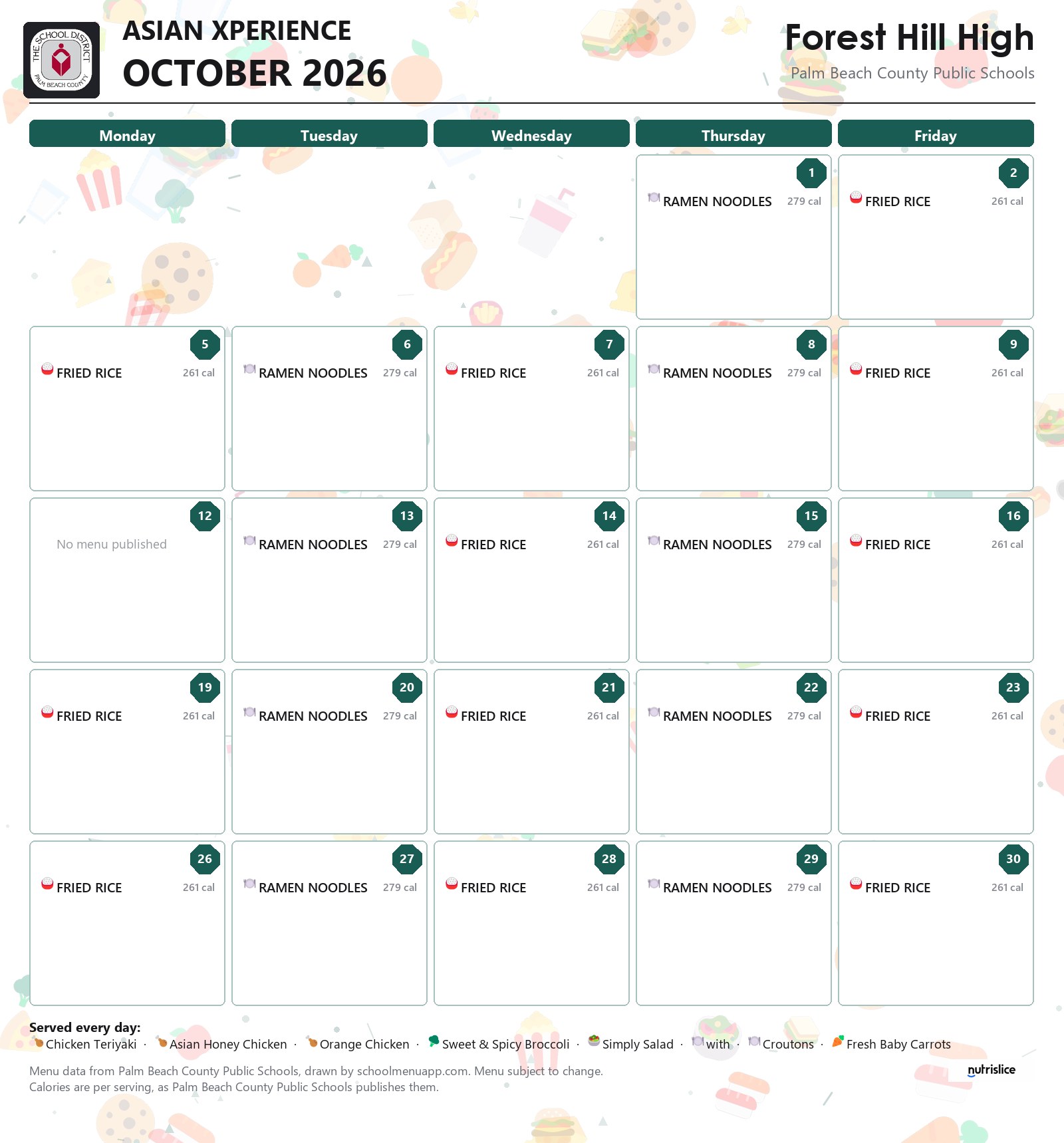 Forest Hill High asian xperience menu for October 2026, Palm Beach County Public Schools
