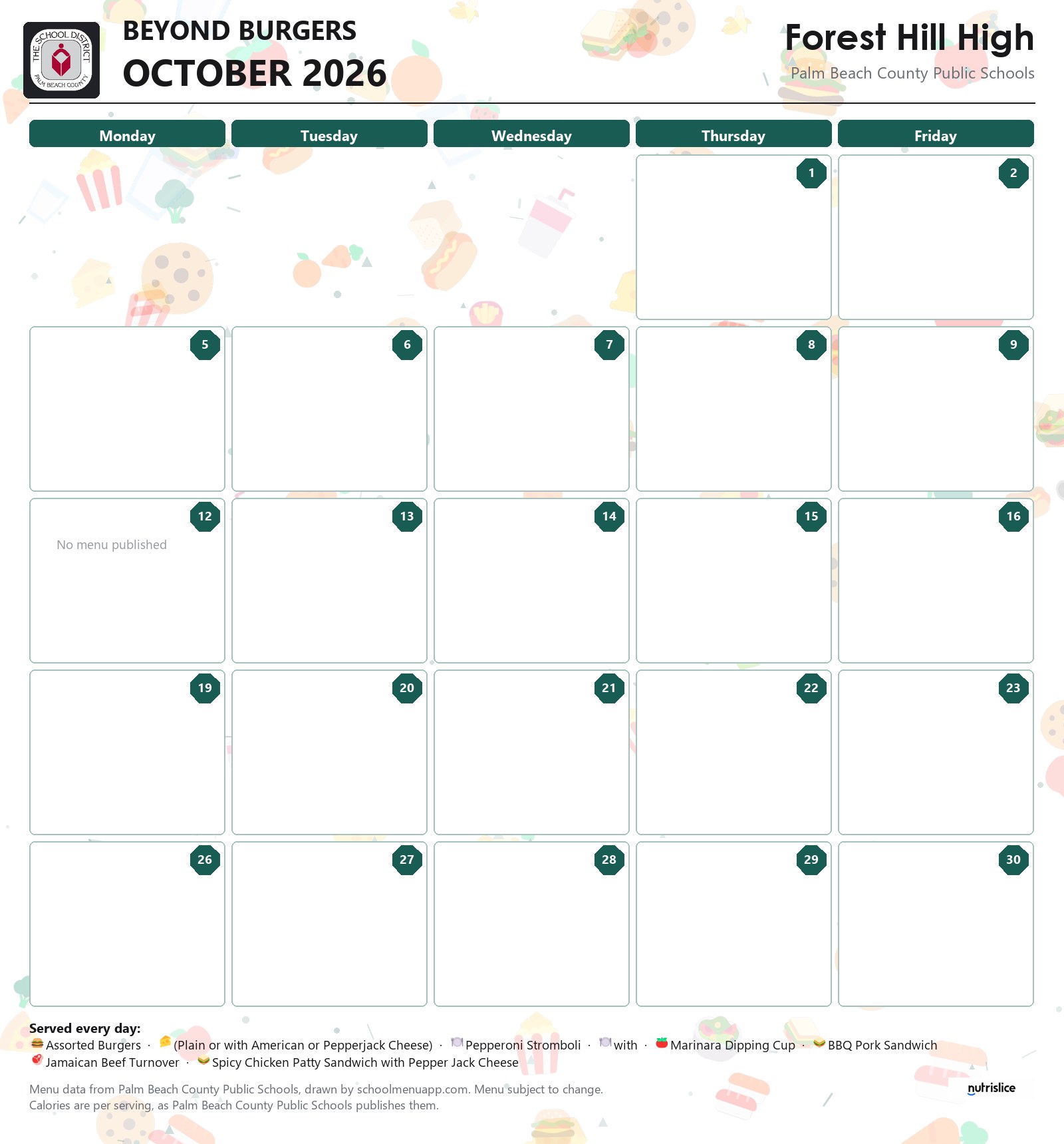 Forest Hill High beyond burgers menu for October 2026, Palm Beach County Public Schools