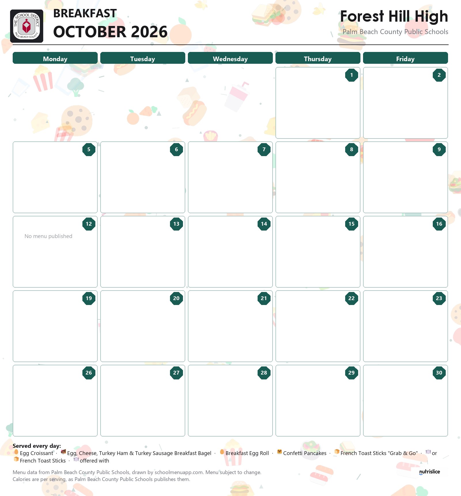 Forest Hill High breakfast menu for October 2026, Palm Beach County Public Schools