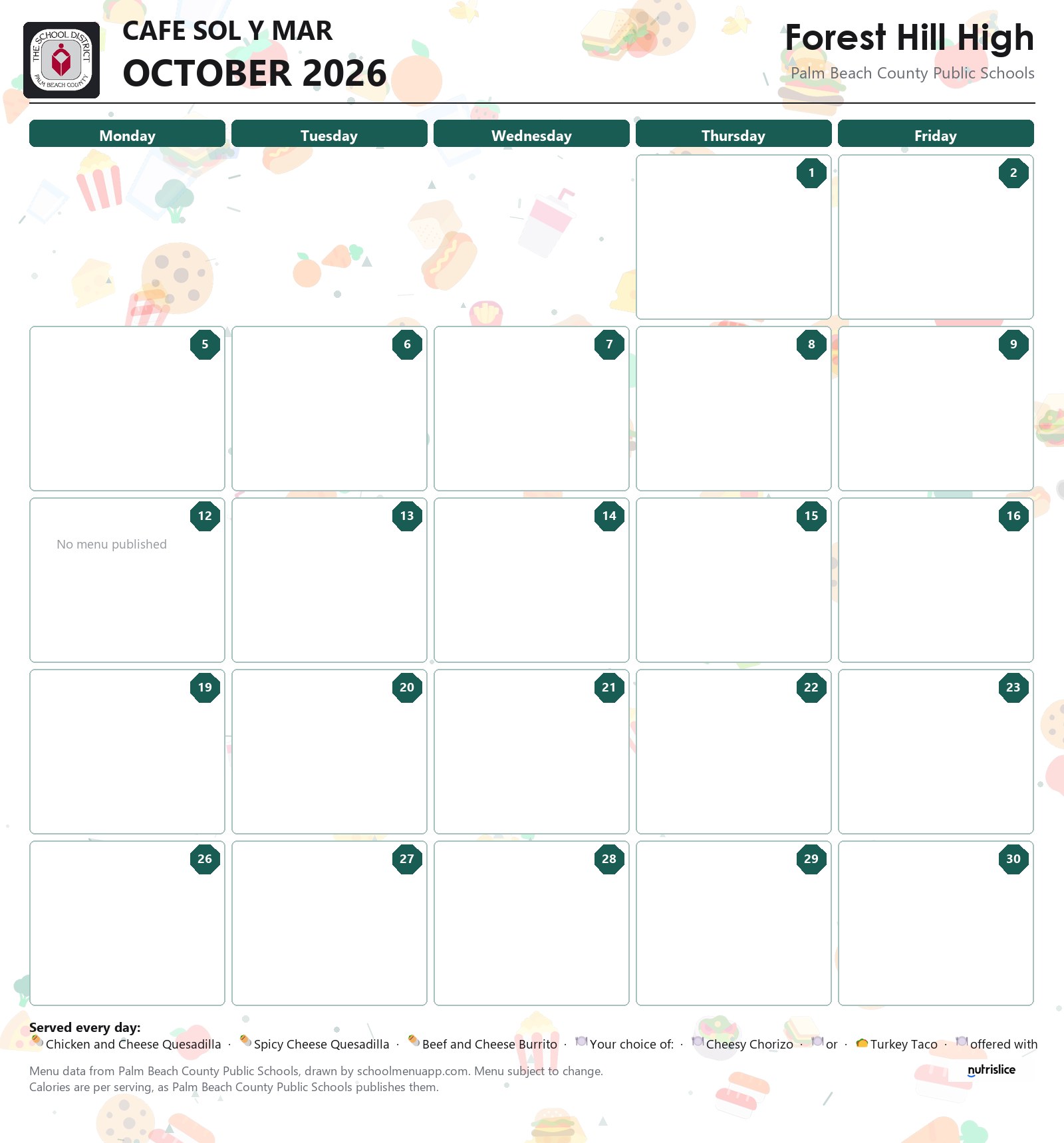 Forest Hill High cafe sol y mar menu for October 2026, Palm Beach County Public Schools