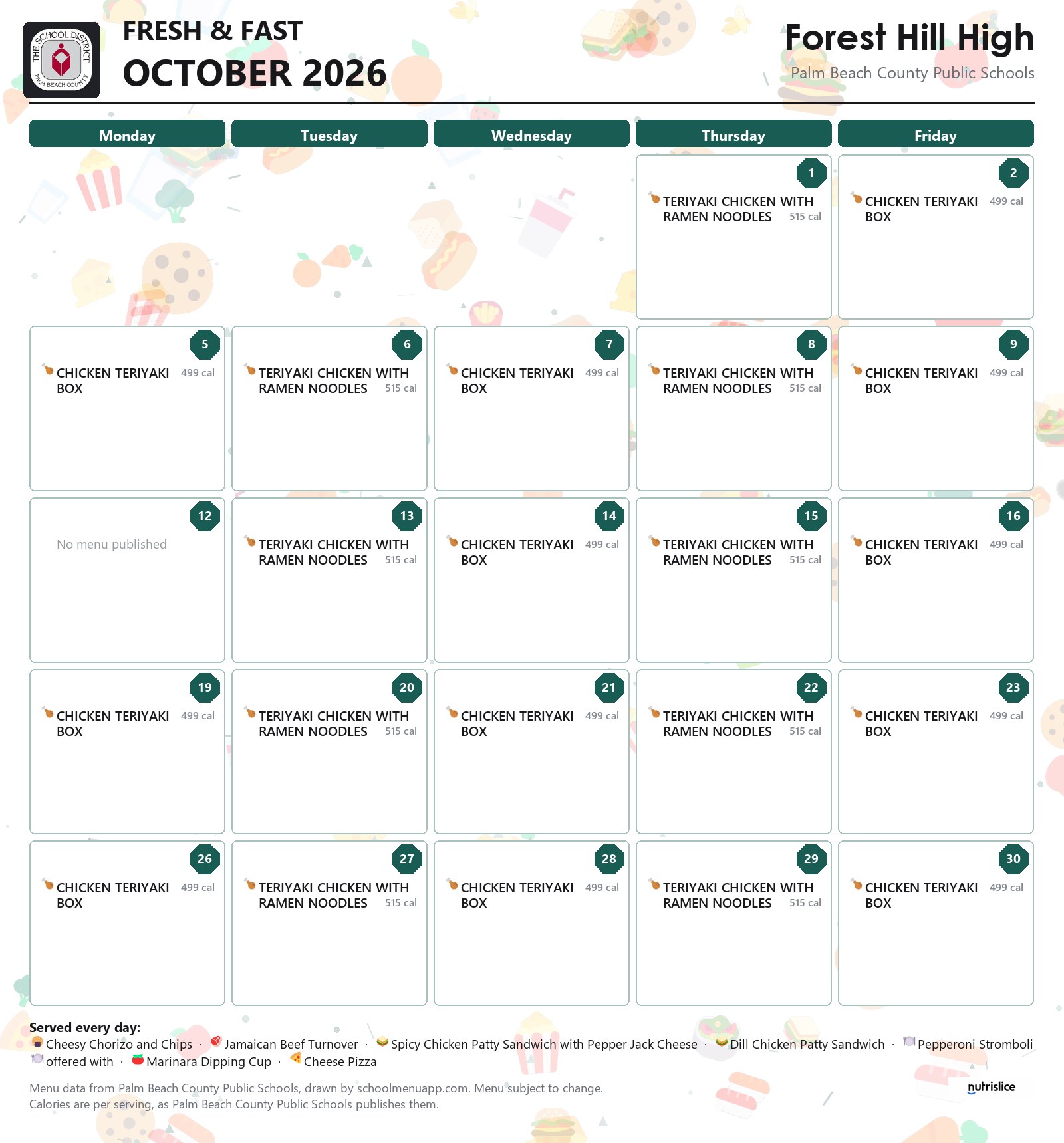 Forest Hill High fresh & fast menu for October 2026, Palm Beach County Public Schools