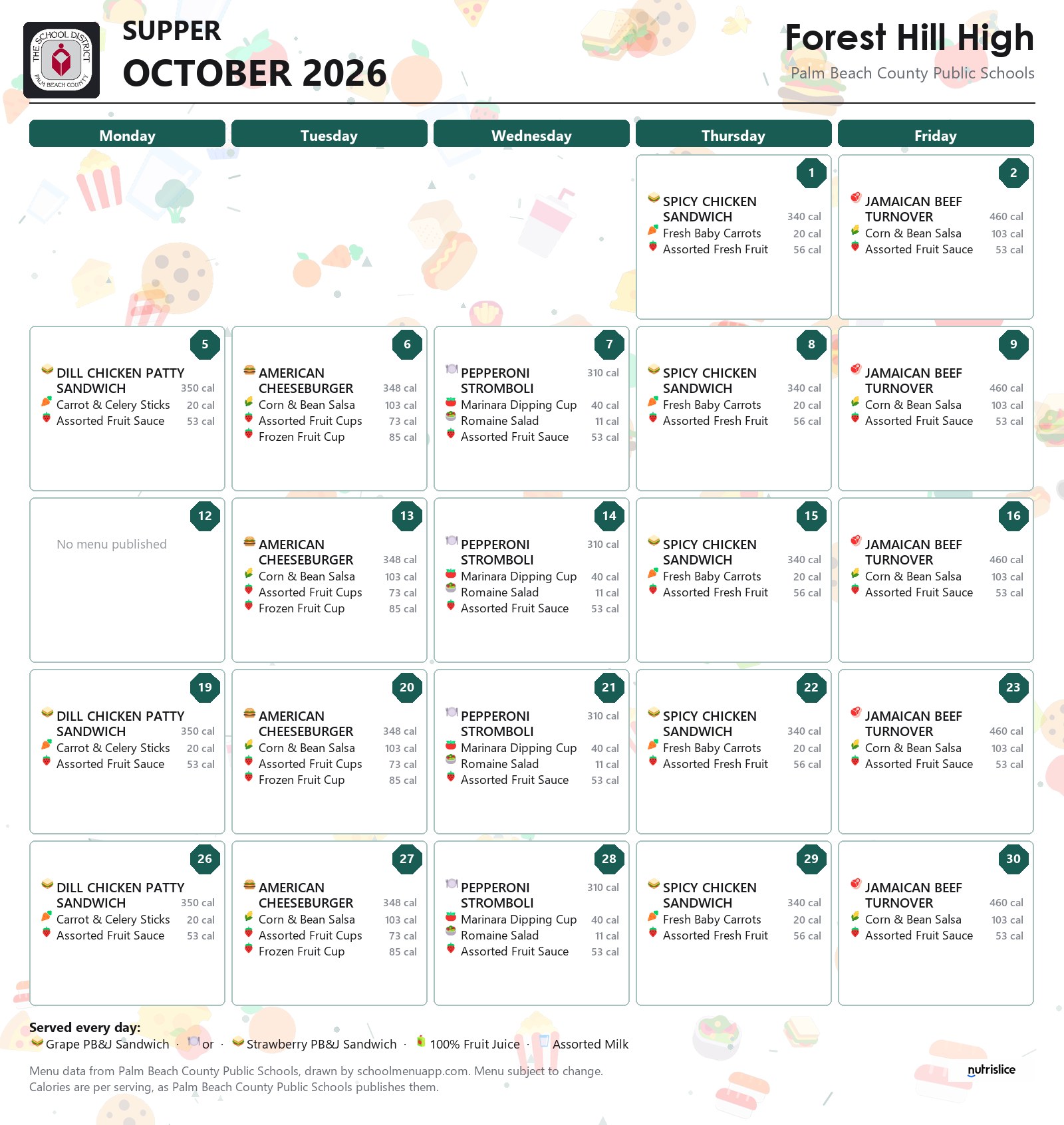 Forest Hill High supper menu for October 2026, Palm Beach County Public Schools