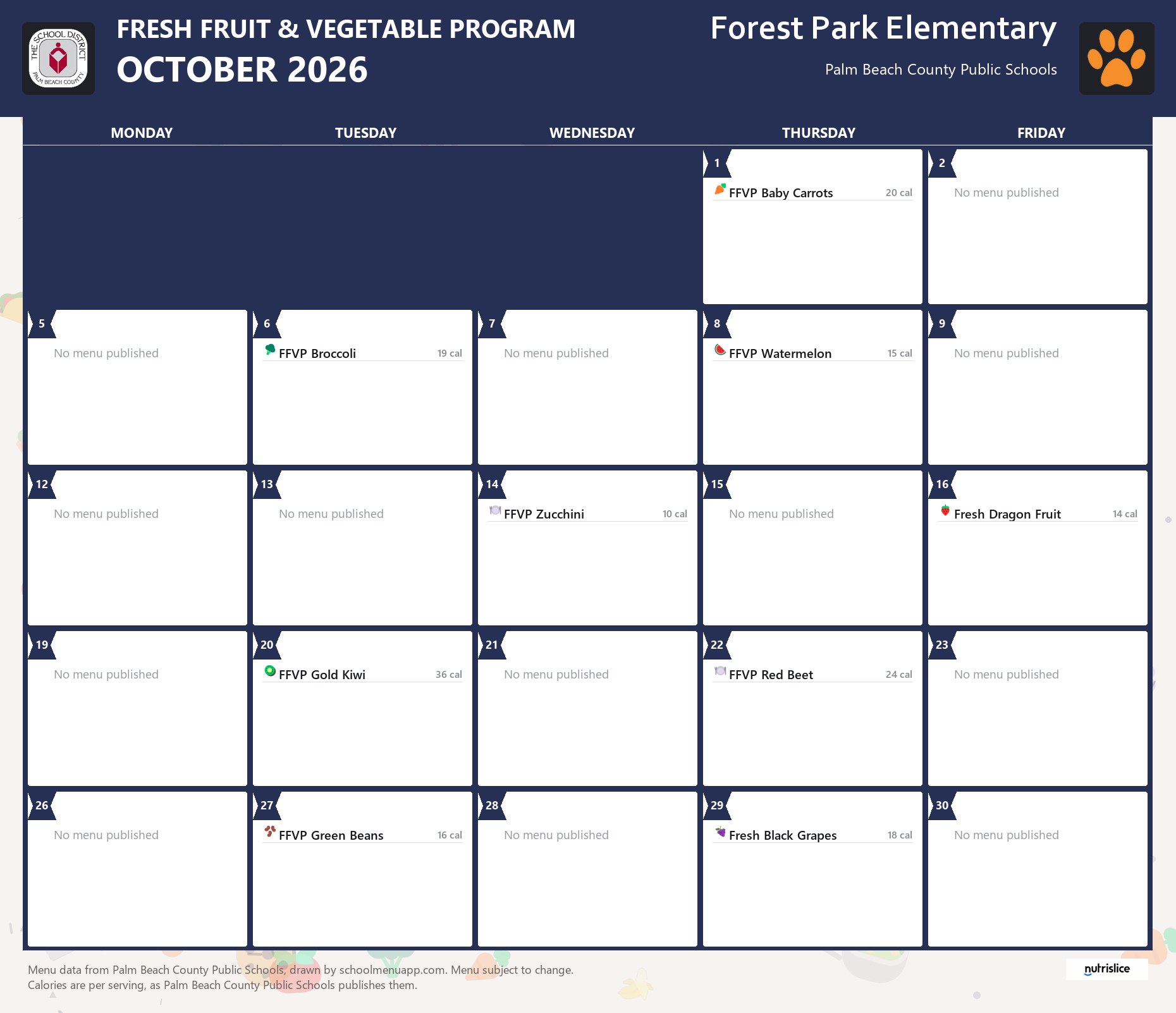 Forest Park Elementary fresh fruit & vegetable program menu for October 2026, Palm Beach County Public Schools