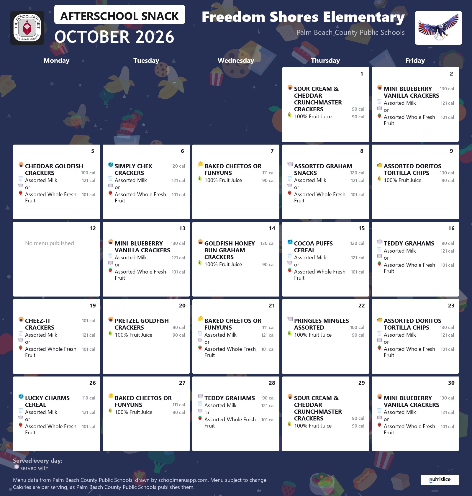 Freedom Shores Elementary afterschool snack menu for October 2026, Palm Beach County Public Schools