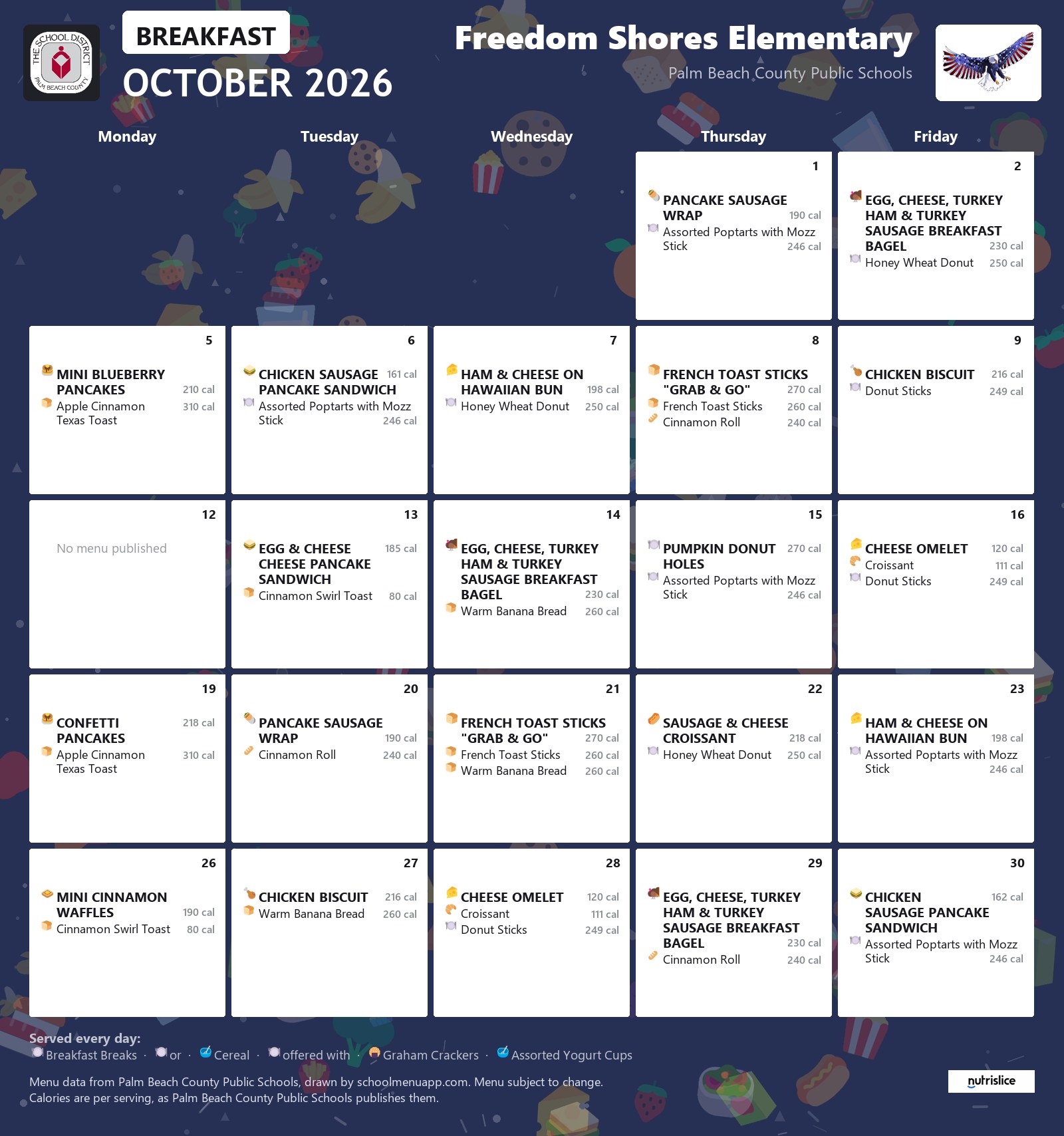 Freedom Shores Elementary breakfast menu for October 2026, Palm Beach County Public Schools