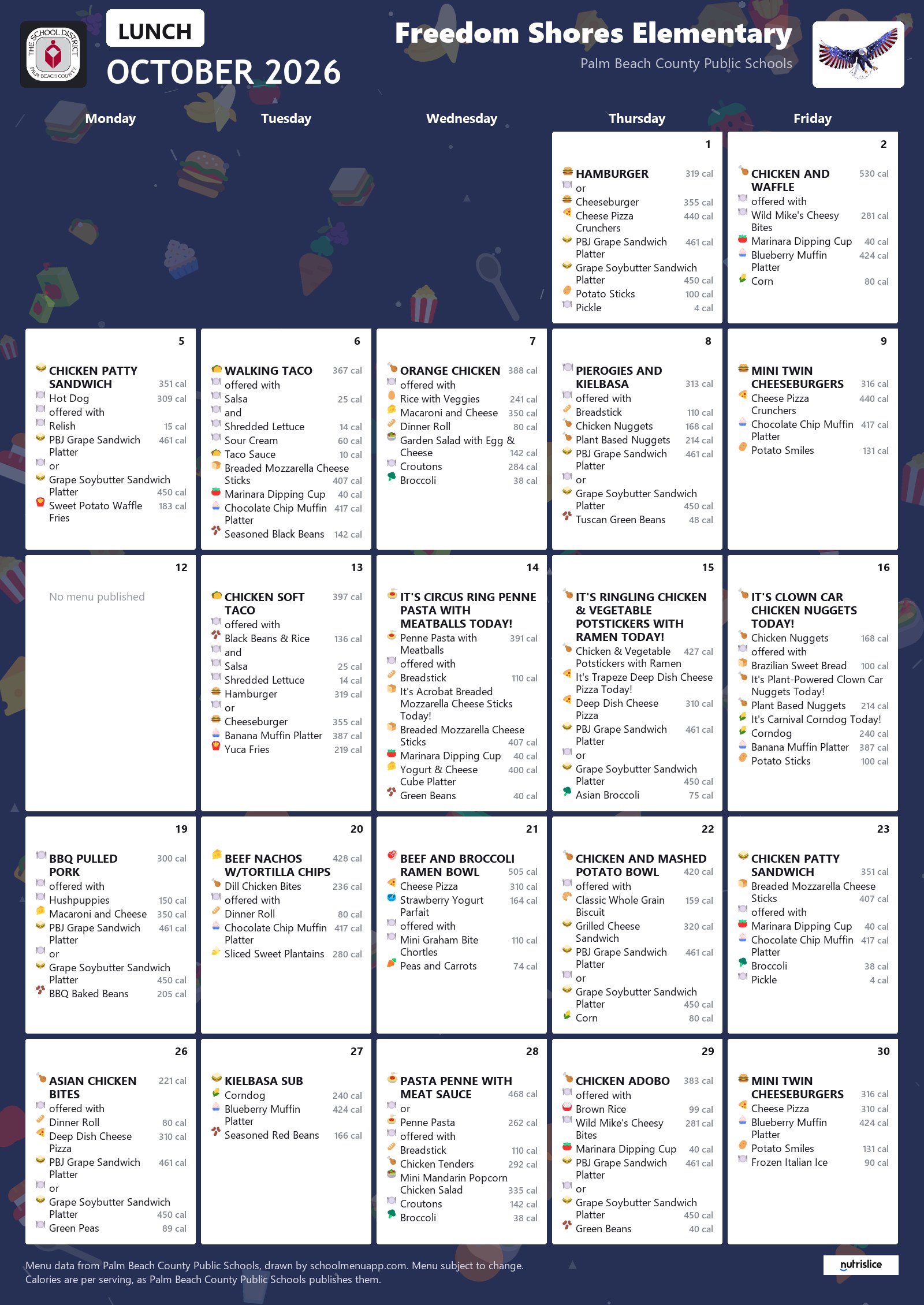 Freedom Shores Elementary lunch menu for October 2026, Palm Beach County Public Schools