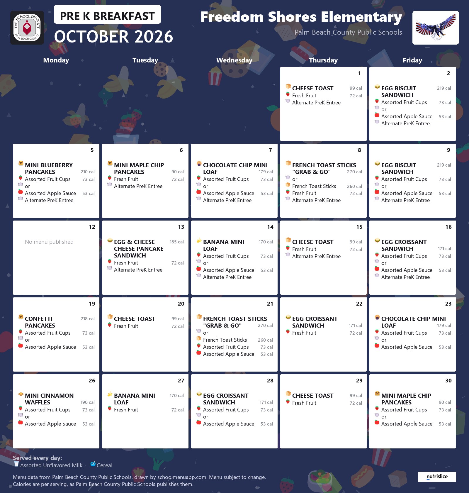 Freedom Shores Elementary pre k breakfast menu for October 2026, Palm Beach County Public Schools