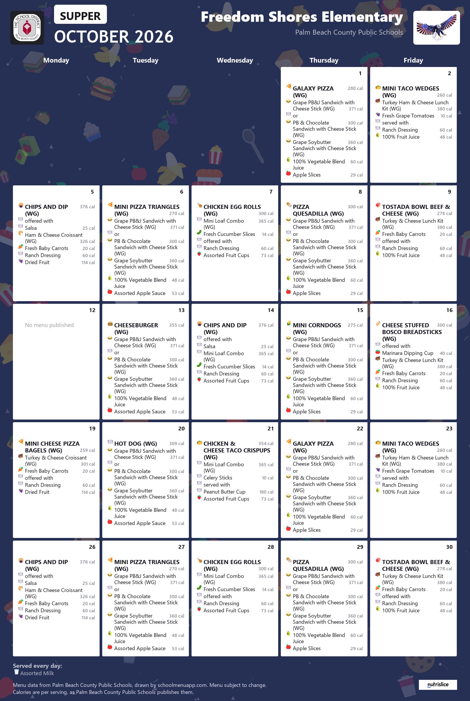 Freedom Shores Elementary supper menu for October 2026, Palm Beach County Public Schools