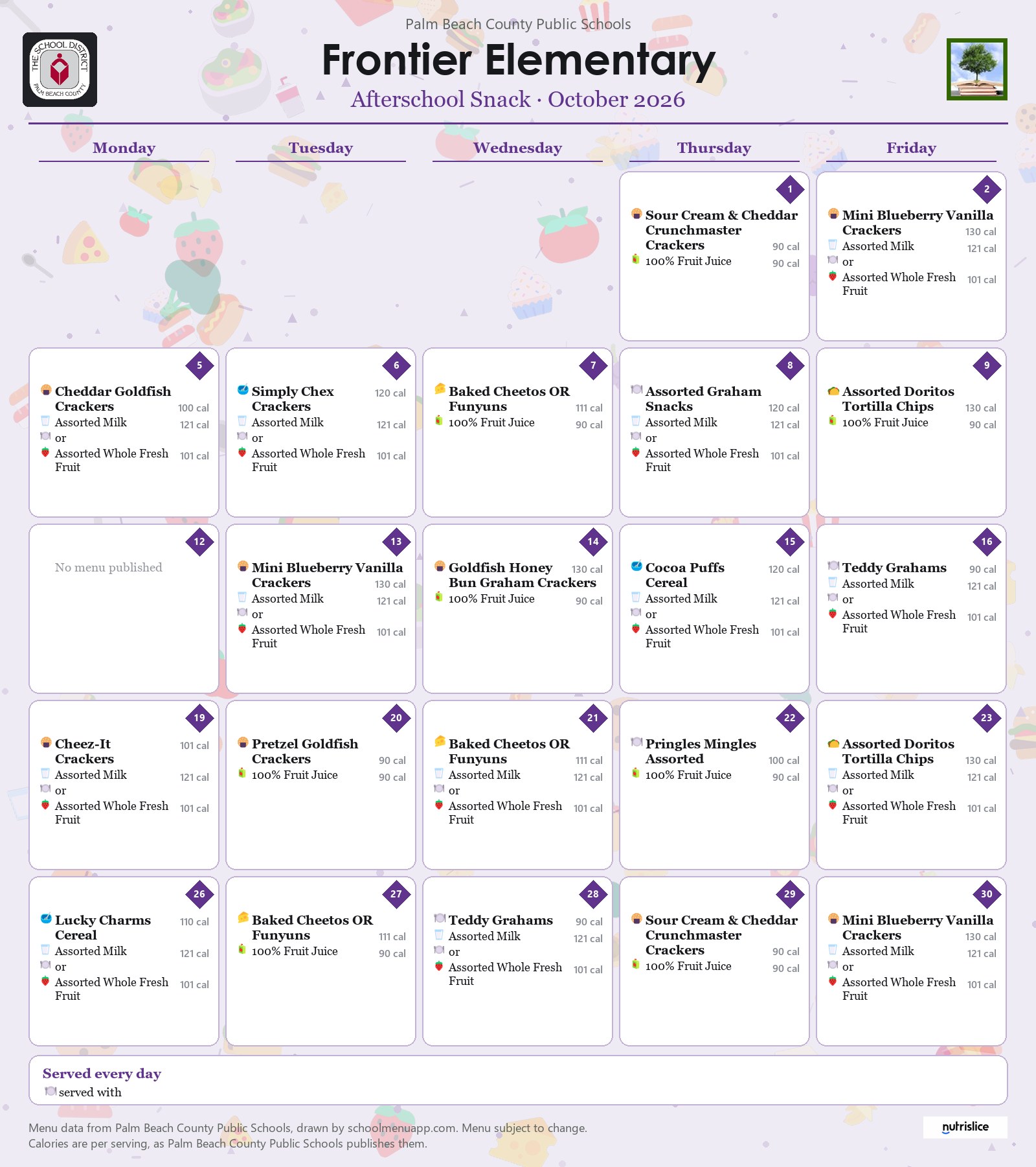 Frontier Elementary afterschool snack menu for October 2026, Palm Beach County Public Schools