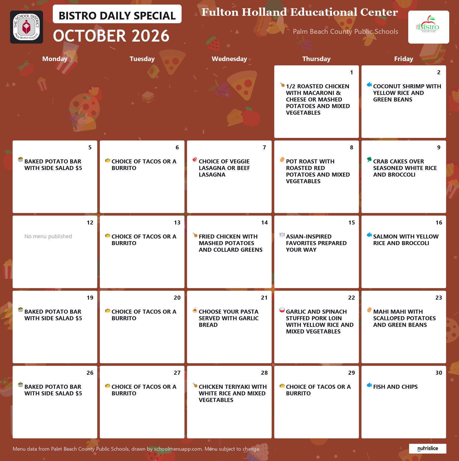Fulton Holland Educational Center bistro daily special menu for October 2026, Palm Beach County Public Schools