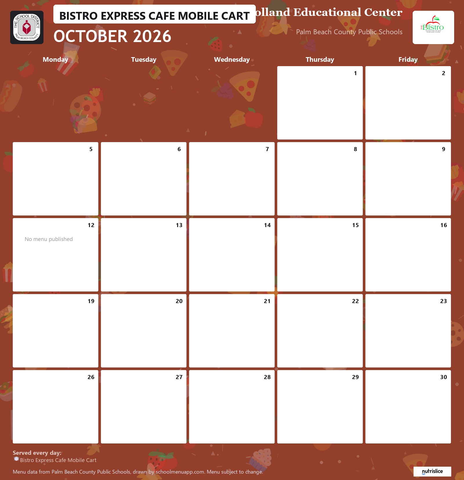 Fulton Holland Educational Center bistro express cafe mobile cart menu for October 2026, Palm Beach County Public Schools