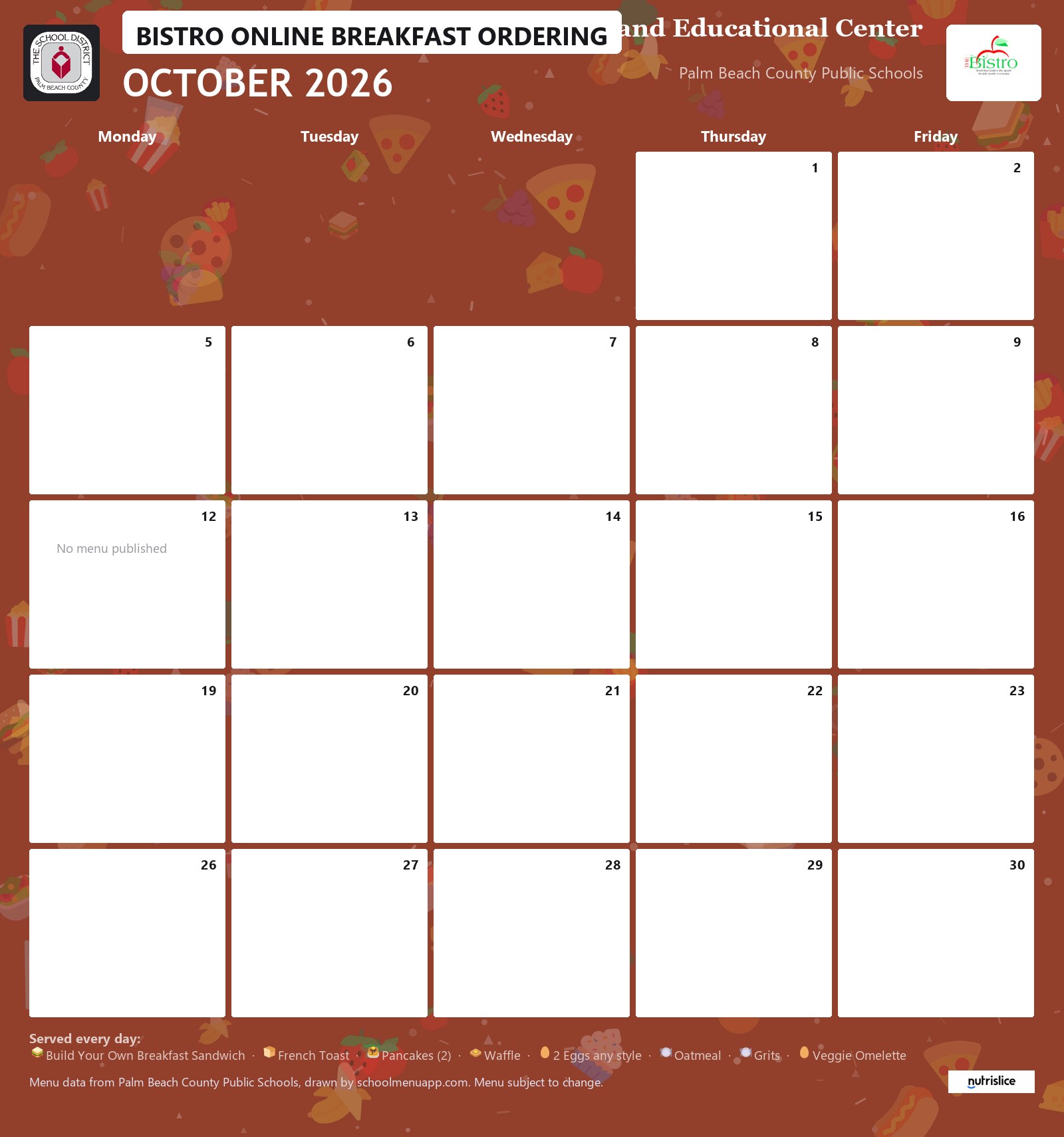 Fulton Holland Educational Center bistro online breakfast ordering menu for October 2026, Palm Beach County Public Schools
