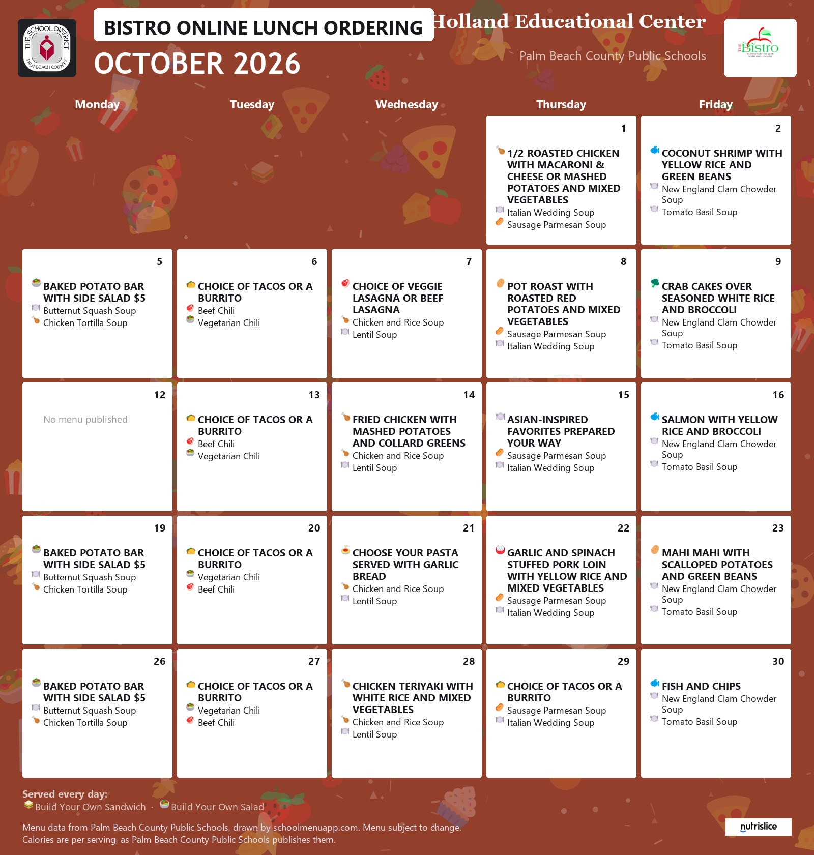 Fulton Holland Educational Center bistro online lunch ordering menu for October 2026, Palm Beach County Public Schools