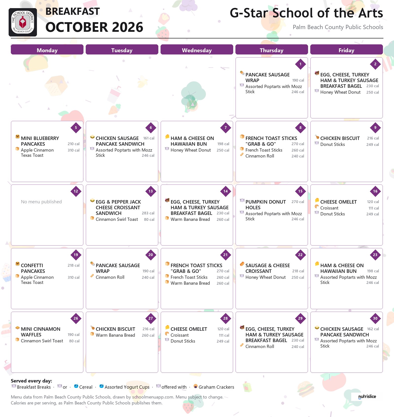 G-Star School of the Arts breakfast menu for October 2026, Palm Beach County Public Schools