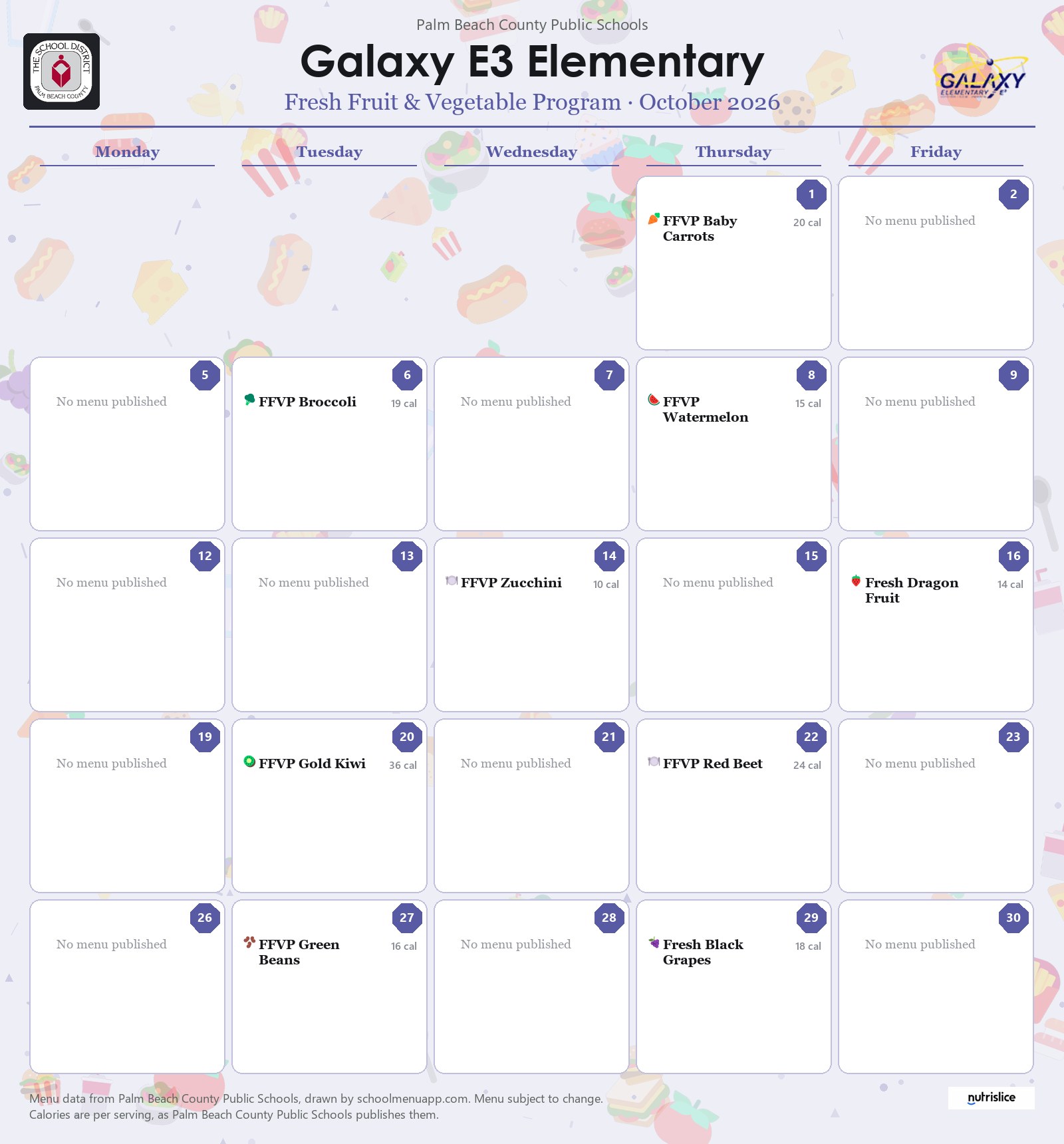 Galaxy E3 Elementary fresh fruit & vegetable program menu for October 2026, Palm Beach County Public Schools