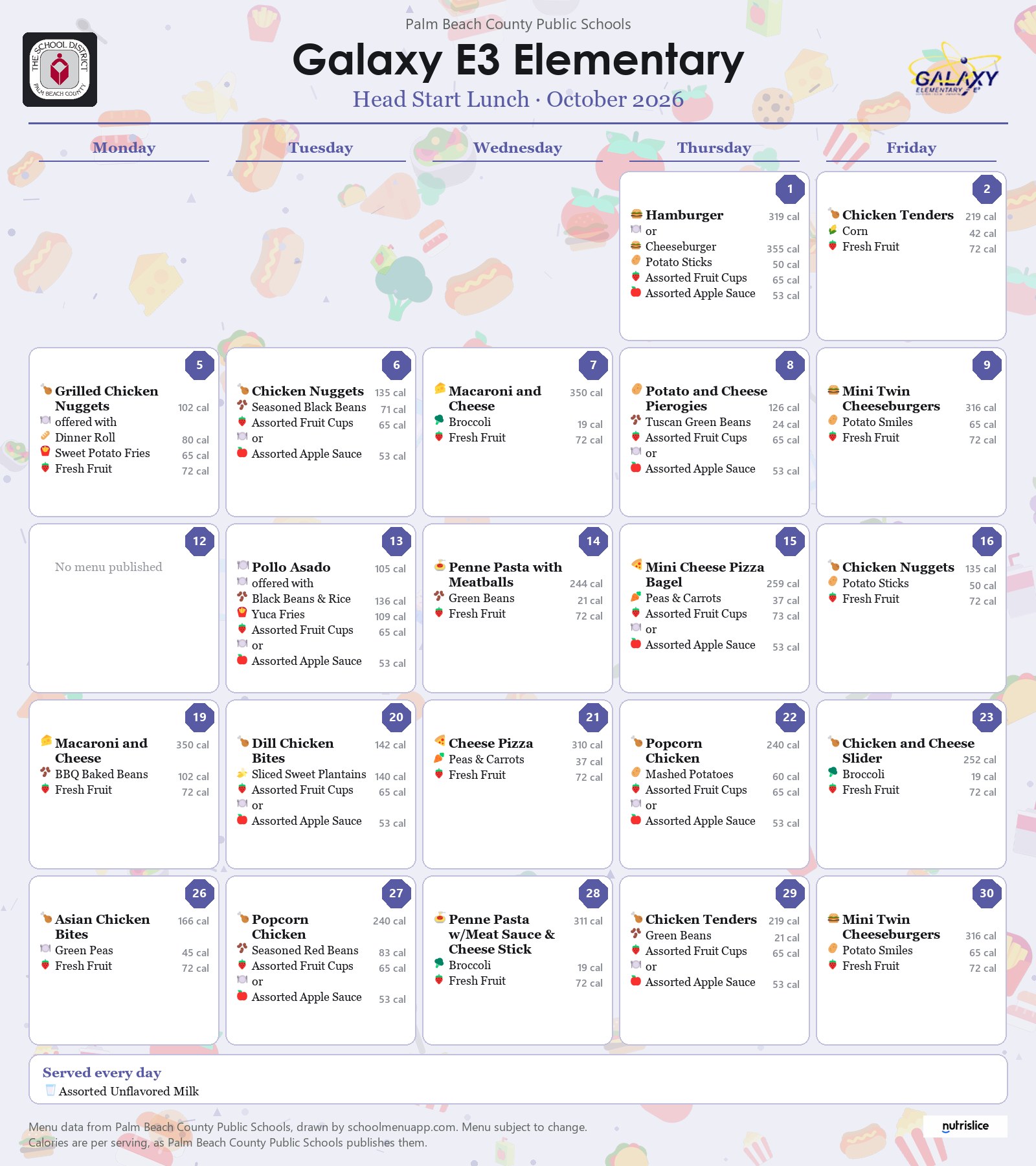 Galaxy E3 Elementary head start lunch menu for October 2026, Palm Beach County Public Schools
