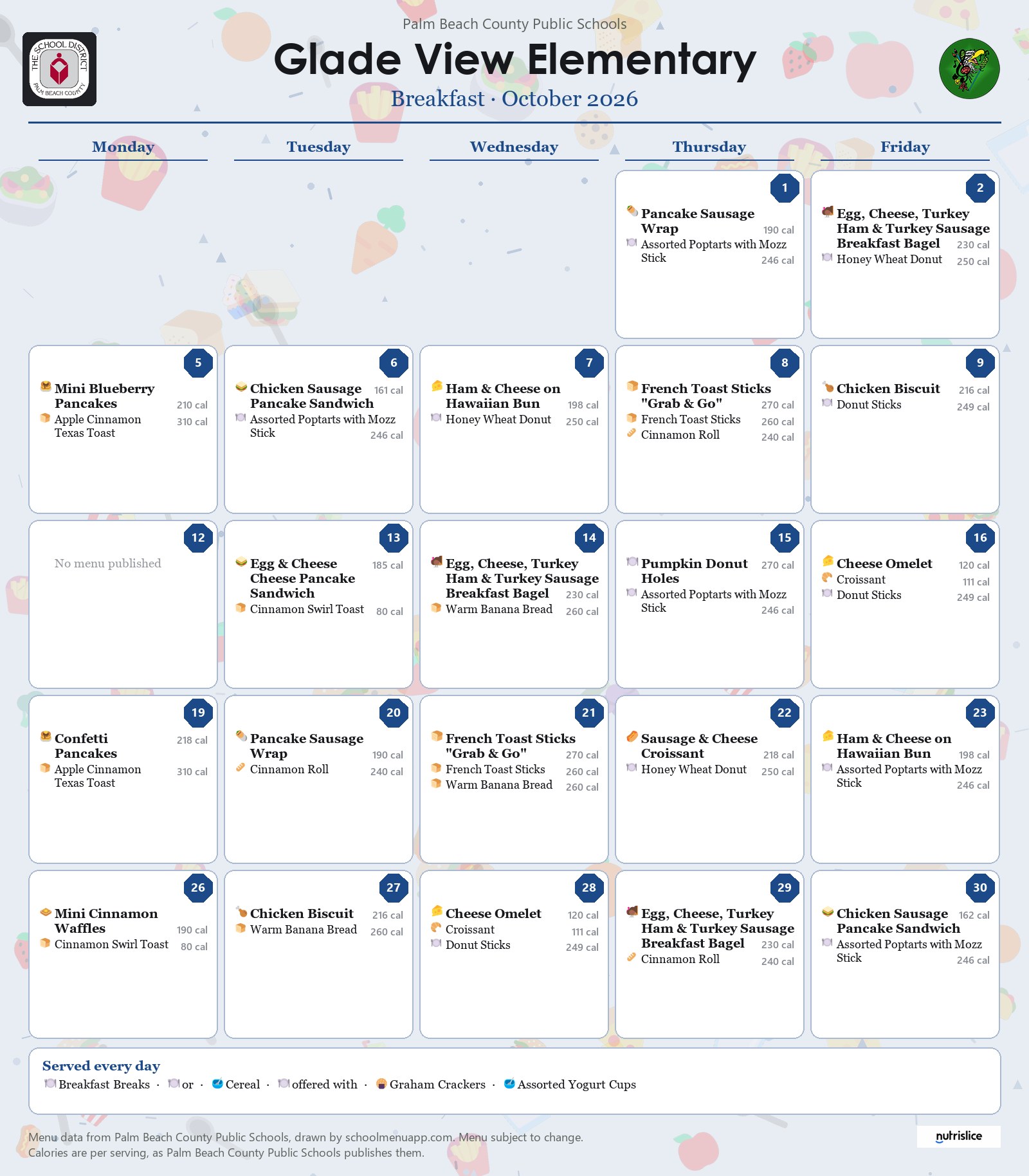 Glade View Elementary breakfast menu for October 2026, Palm Beach County Public Schools