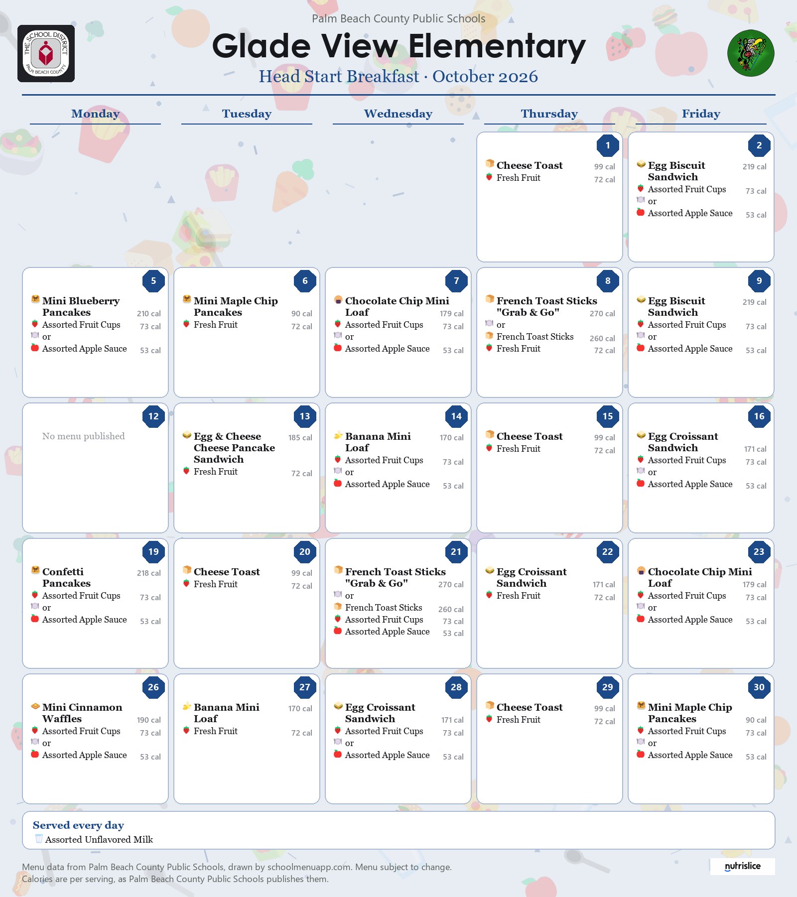Glade View Elementary head start breakfast menu for October 2026, Palm Beach County Public Schools