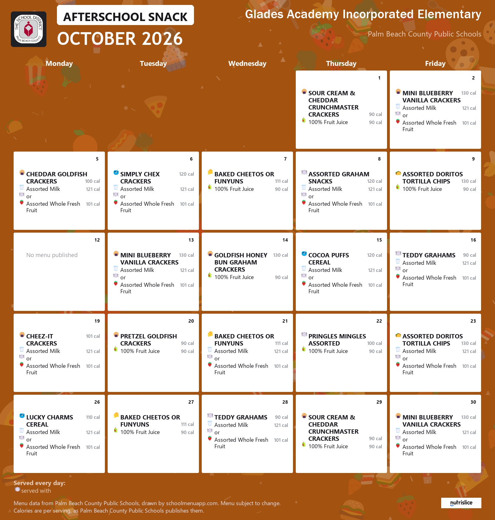 Glades Academy Incorporated Elementary afterschool snack menu for October 2026, Palm Beach County Public Schools
