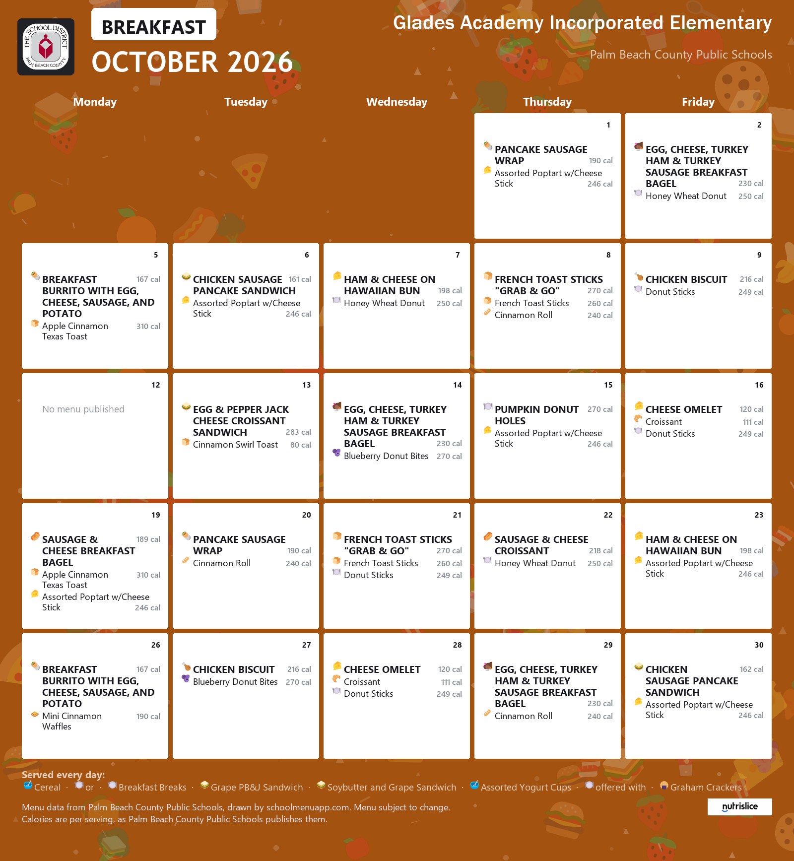 Glades Academy Incorporated Elementary breakfast menu for October 2026, Palm Beach County Public Schools