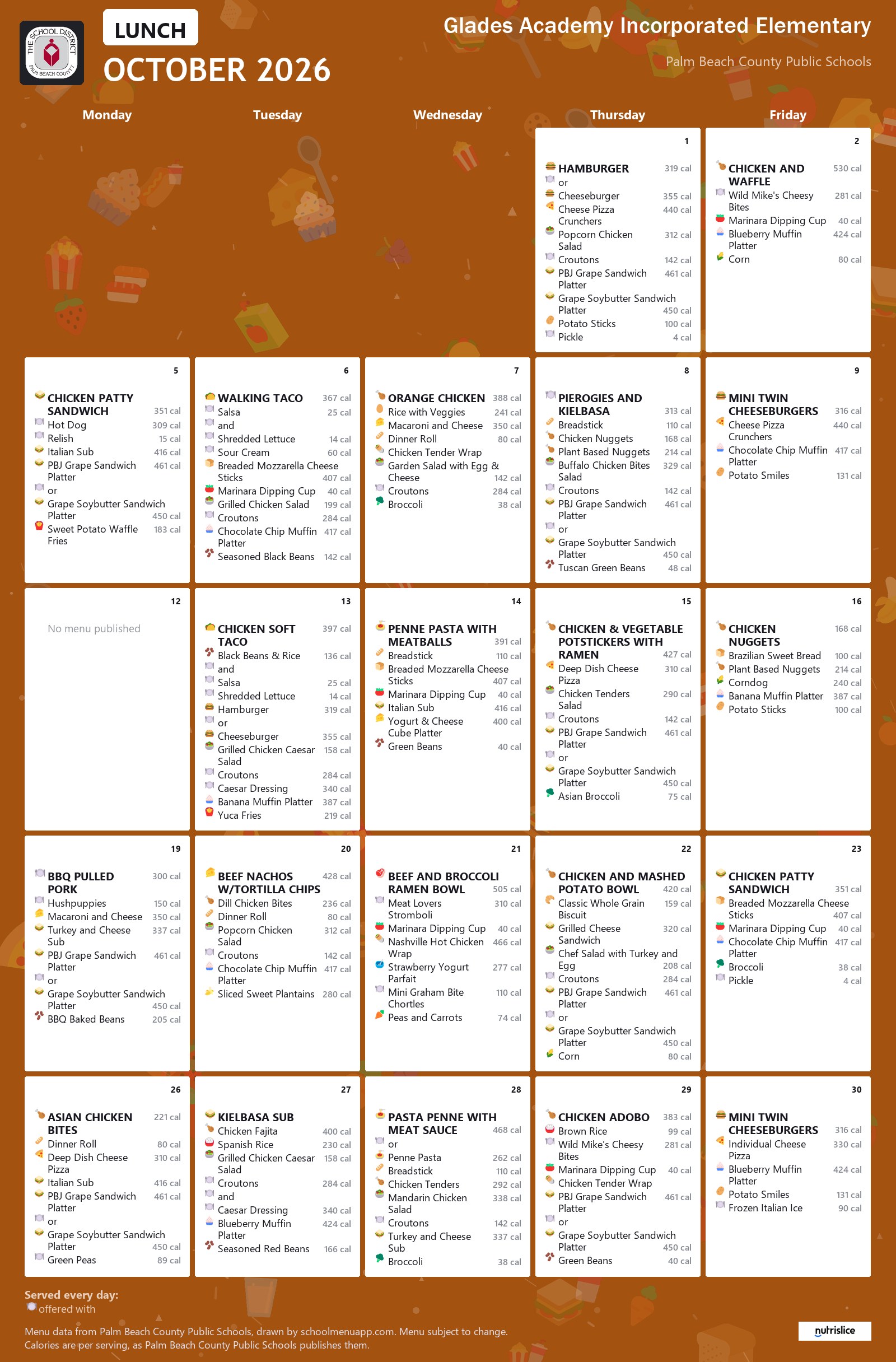 Glades Academy Incorporated Elementary lunch menu for October 2026, Palm Beach County Public Schools