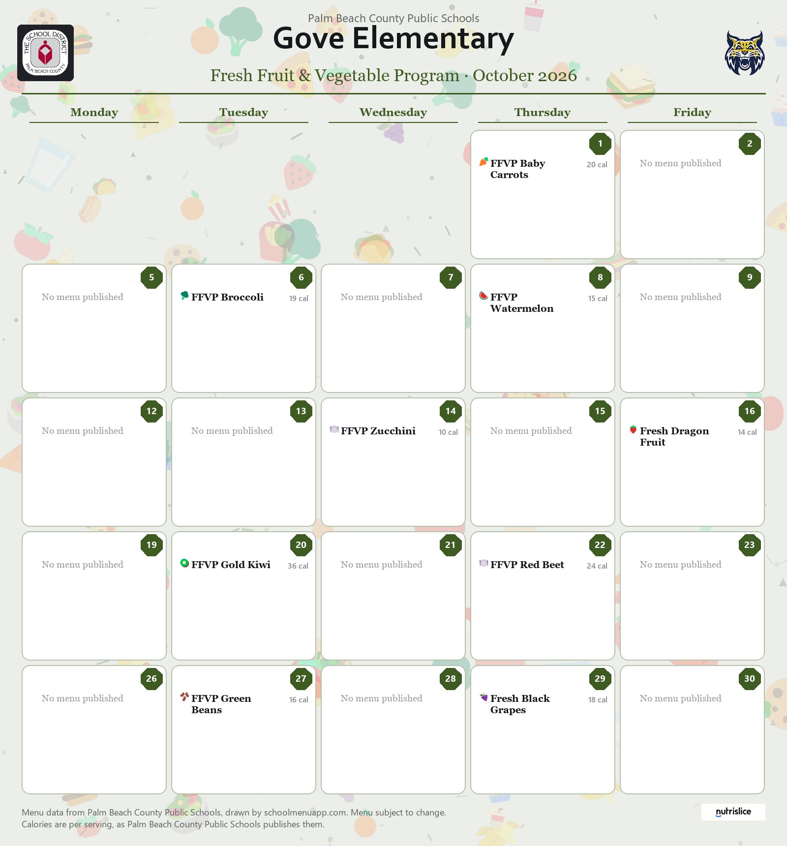 Gove Elementary fresh fruit & vegetable program menu for October 2026, Palm Beach County Public Schools