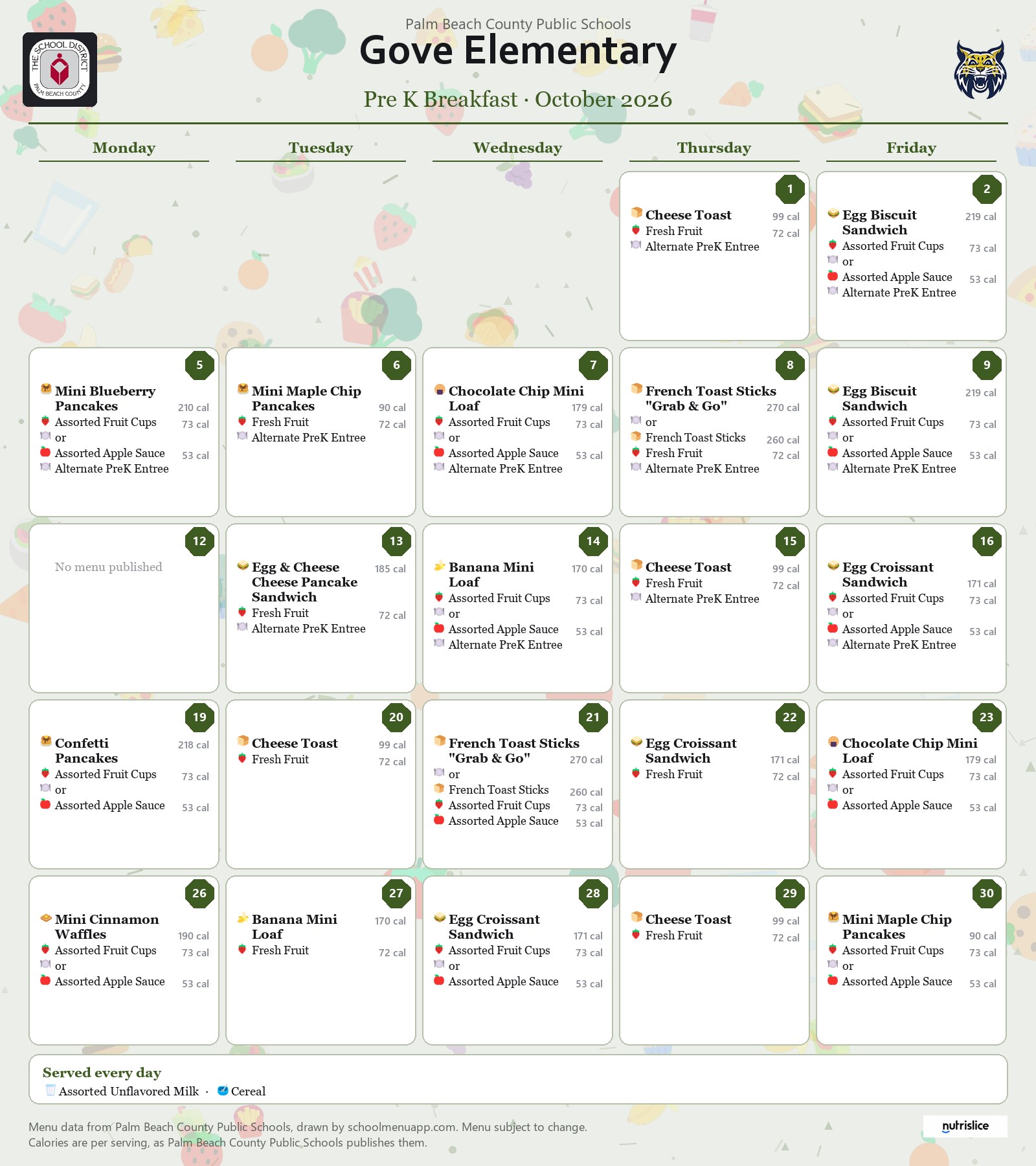 Gove Elementary pre k breakfast menu for October 2026, Palm Beach County Public Schools