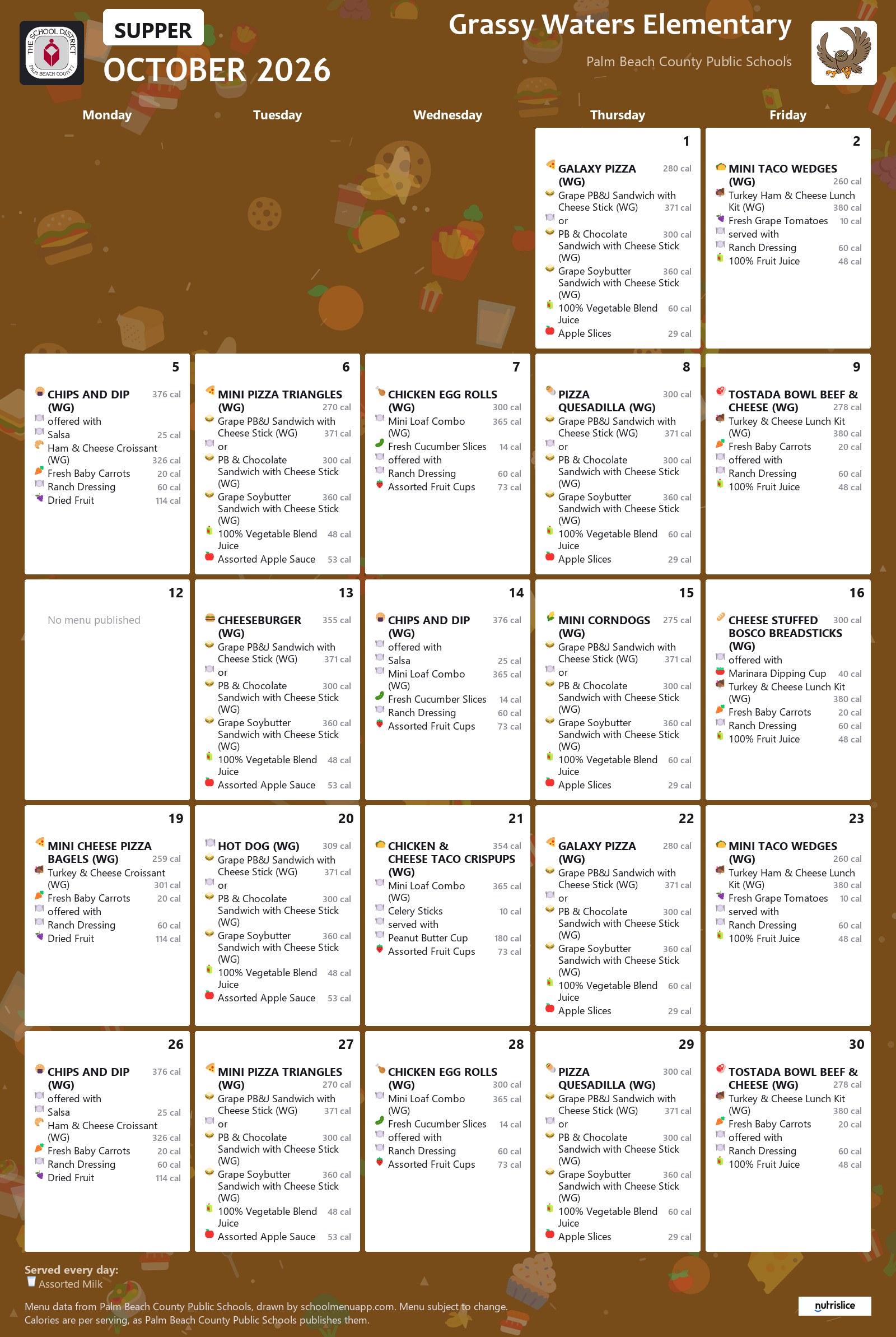 Grassy Waters Elementary supper menu for October 2026, Palm Beach County Public Schools