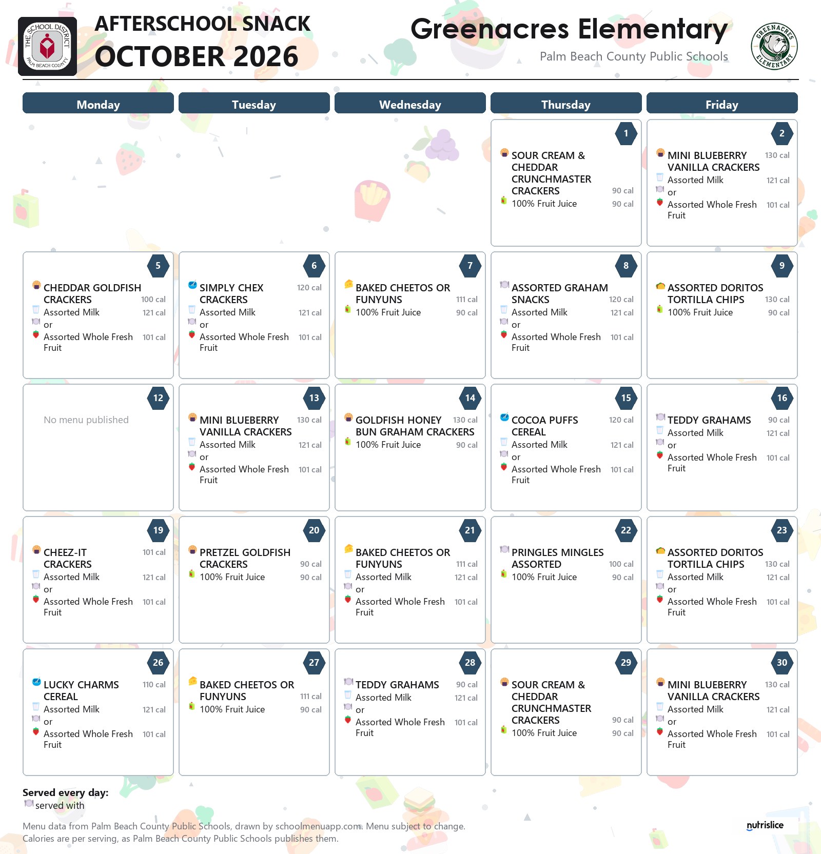 Greenacres Elementary afterschool snack menu for October 2026, Palm Beach County Public Schools