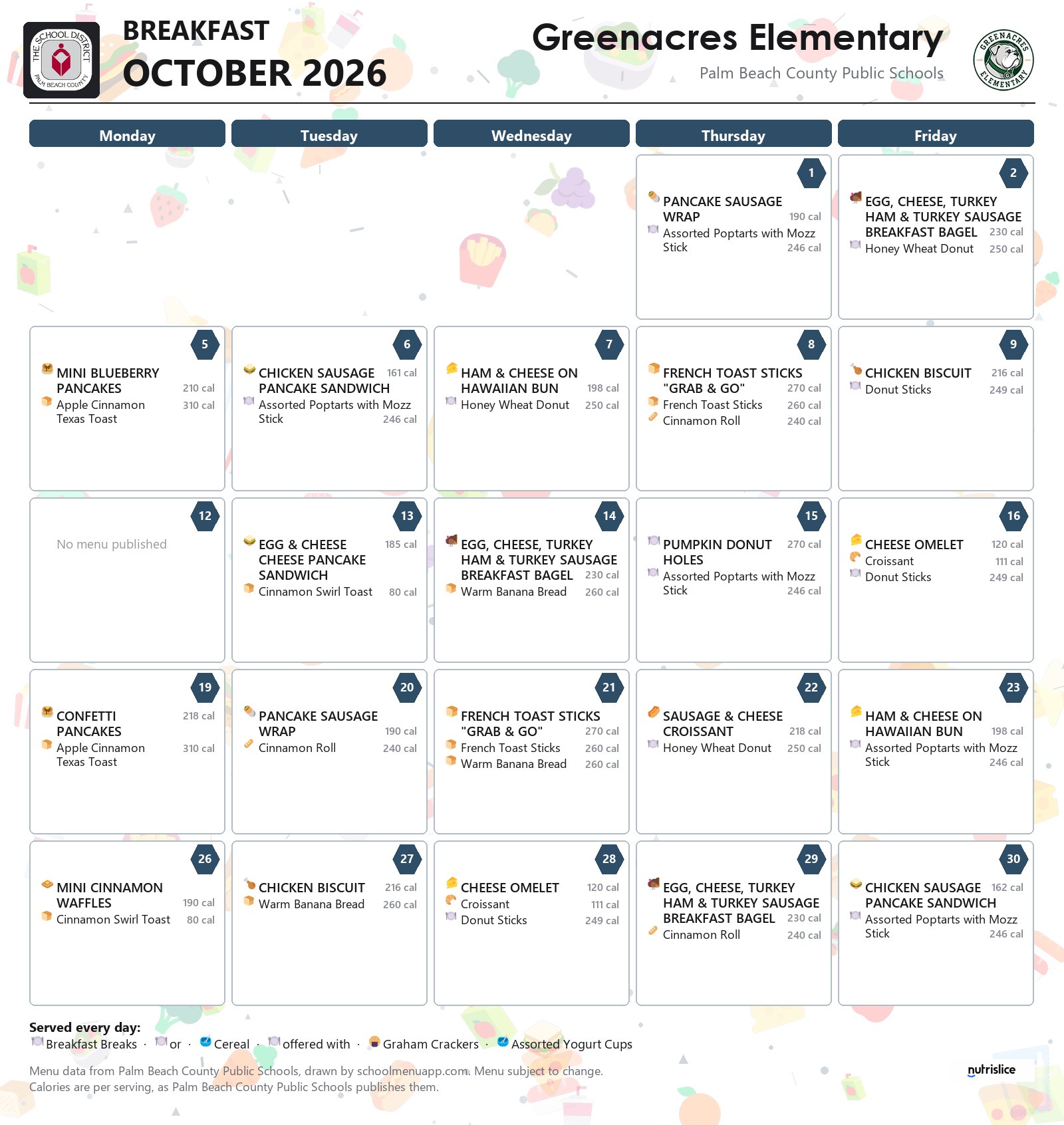 Greenacres Elementary breakfast menu for October 2026, Palm Beach County Public Schools