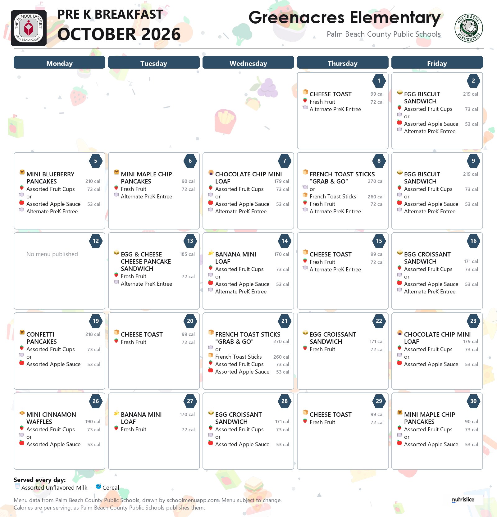 Greenacres Elementary pre k breakfast menu for October 2026, Palm Beach County Public Schools