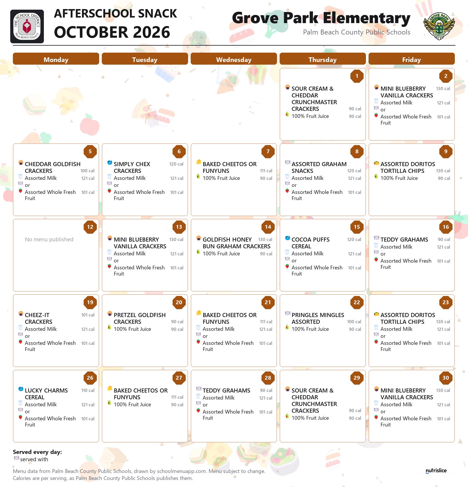 Grove Park Elementary afterschool snack menu for October 2026, Palm Beach County Public Schools
