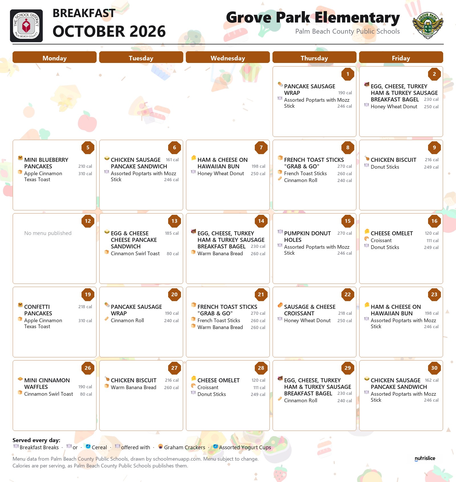 Grove Park Elementary breakfast menu for October 2026, Palm Beach County Public Schools